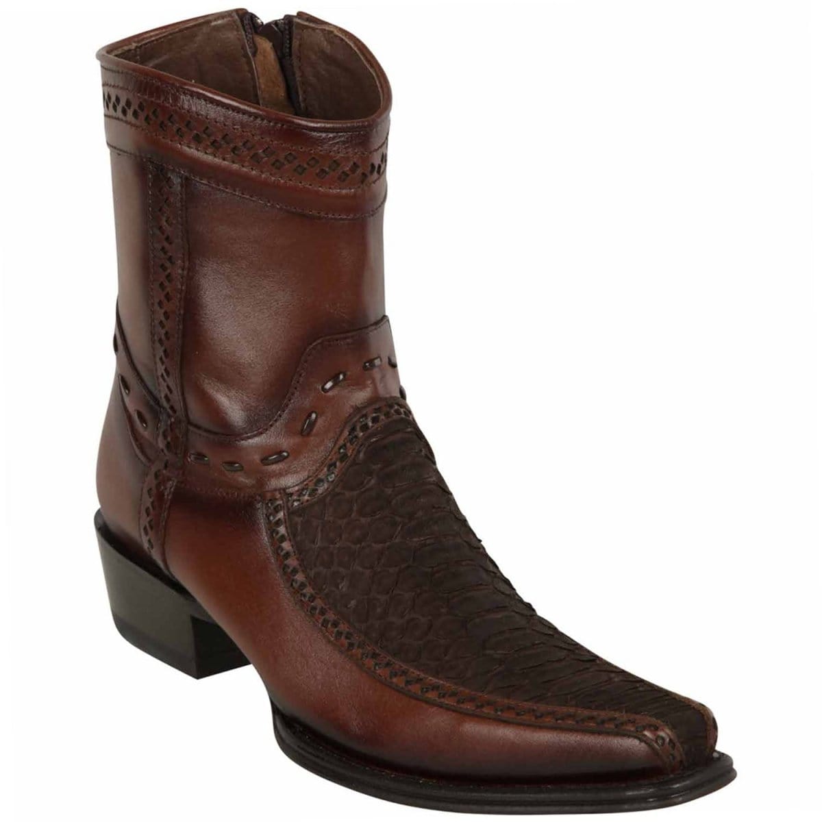 Men's Genuine Python and Deer Skin European Square Toe Short Boots With Zipper Nobuck Brown Color - Los Altos Boots