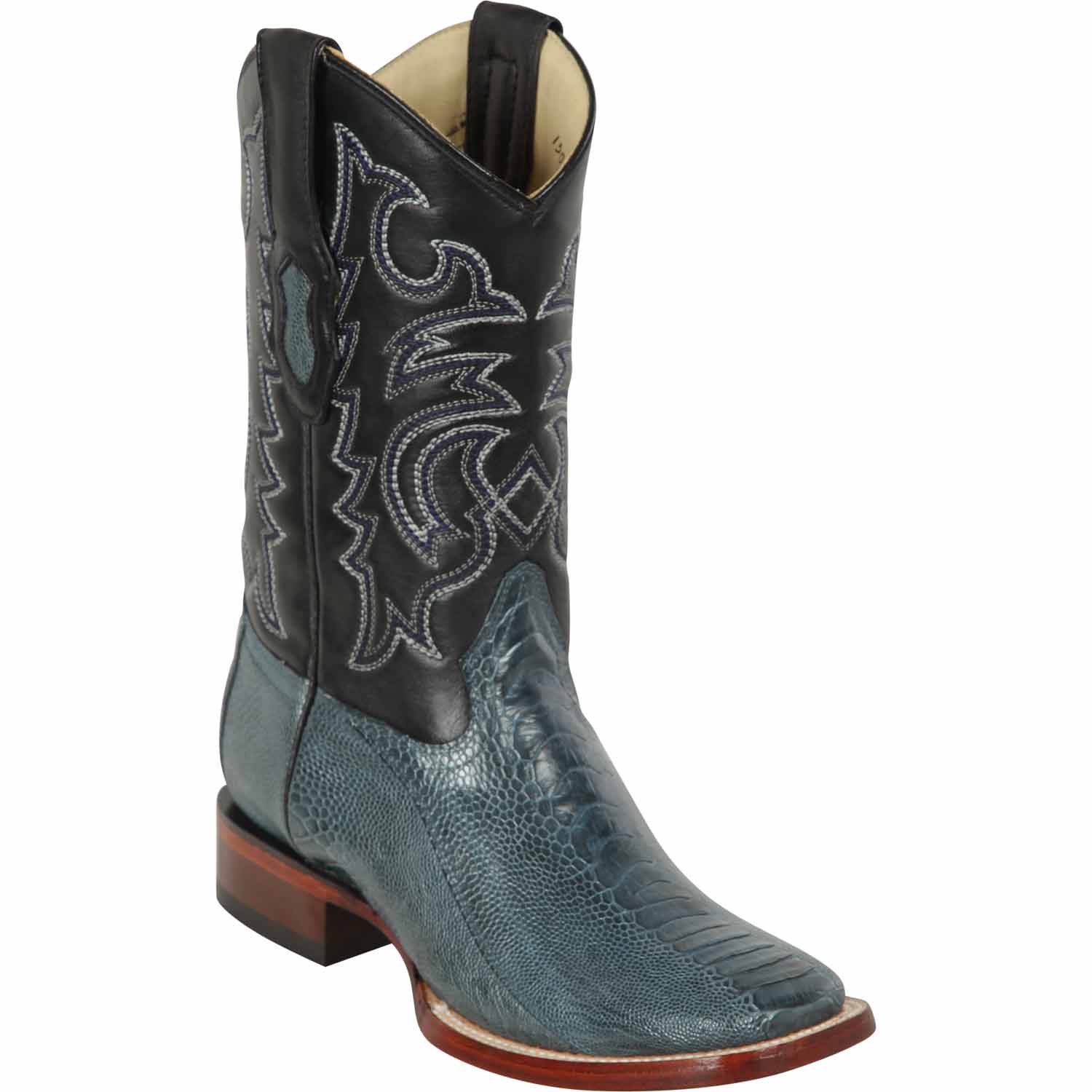 Western Genuine Ostrich Leg Skin Rodeo WIde Square Toe Boots Denim Blue Color - Los Altos Boots - Side View