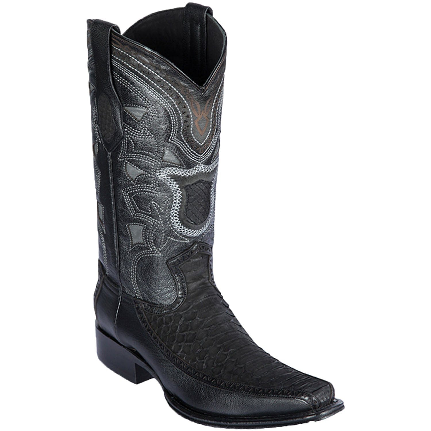 Men's Genuine Python and Deer Skin European Square Toe Boots Nobuck Black Color - Los Altos Boots - Side View
