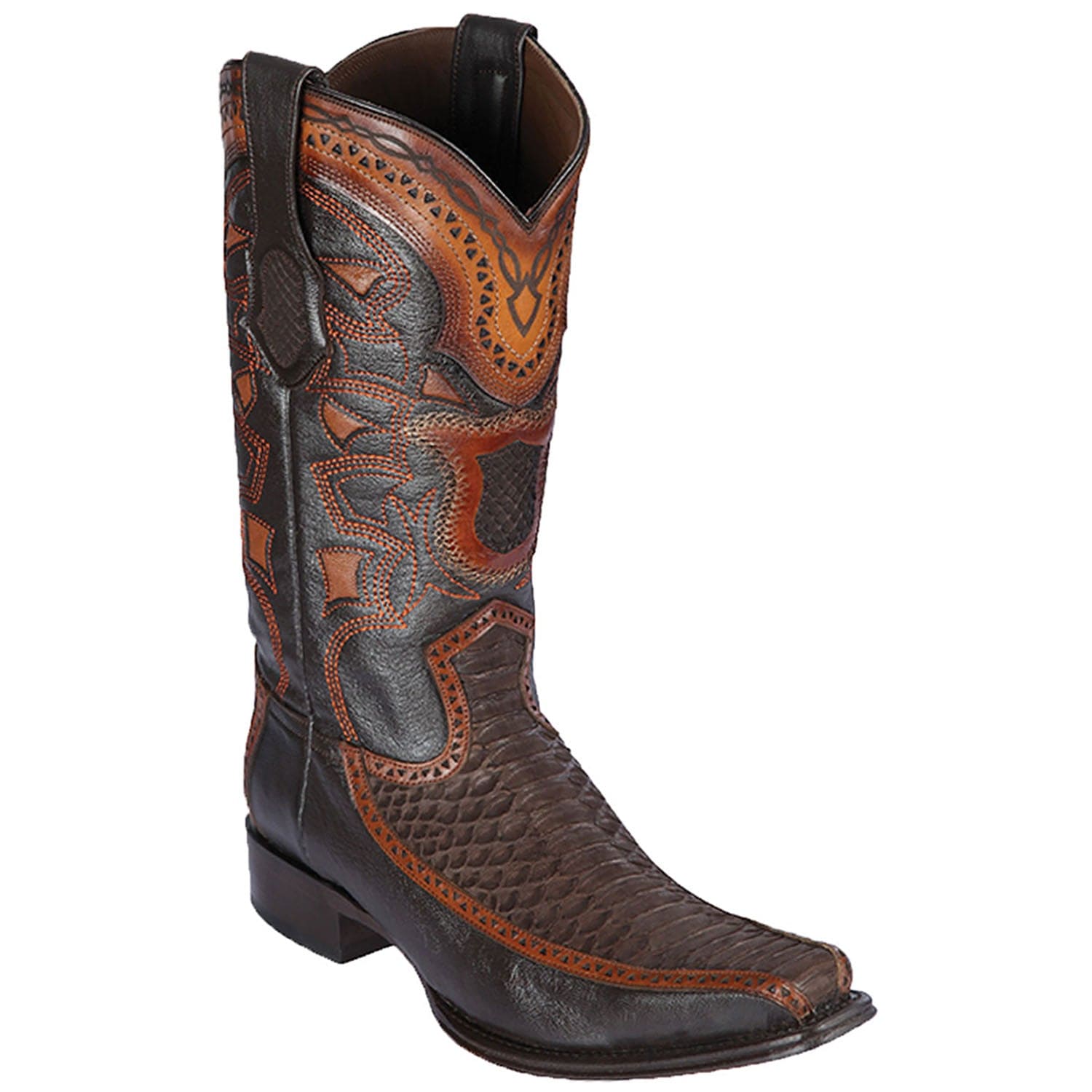 Men's Genuine Python and Deer Skin European Square Toe Boots Nobuck Brown Color - Los Altos Boots - Side View