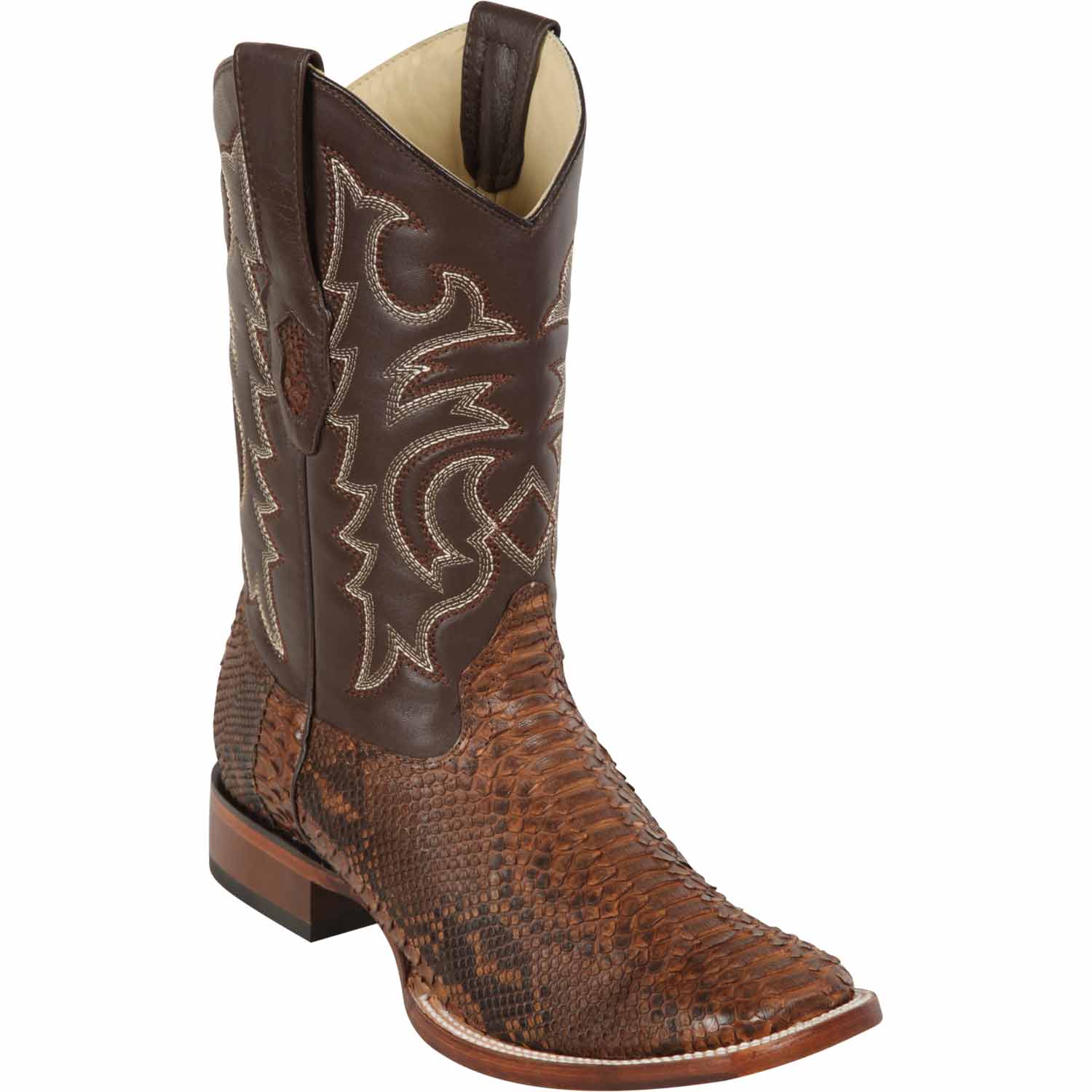 Western Genuine Python Skin Rodeo Wide Square Toe Boots Porto Brown Color - Los Altos Boots - Side View