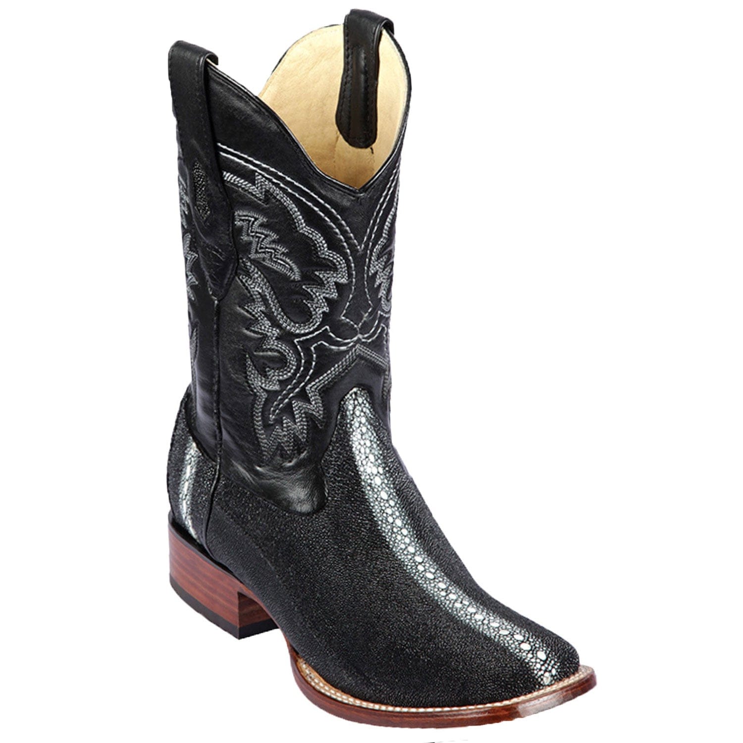 Los Altos Boots Boots Men's Genuine Stingray Skin Row Stone Rodeo Wide Square Toe Boots Black Color - Los Altos Boots