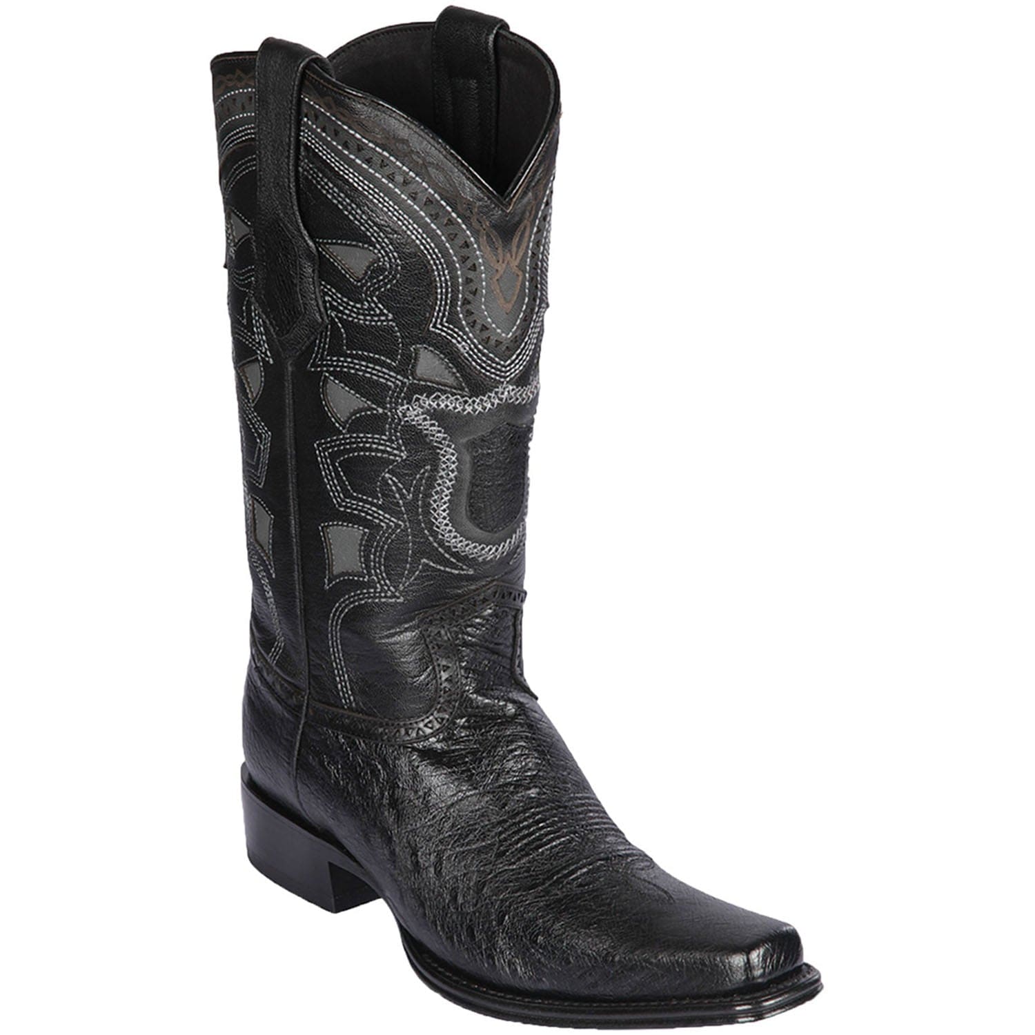 Western Genuine Smooth Ostrich Skin European Square Toe Boots Black Color - Los Altos Boots - Side View
