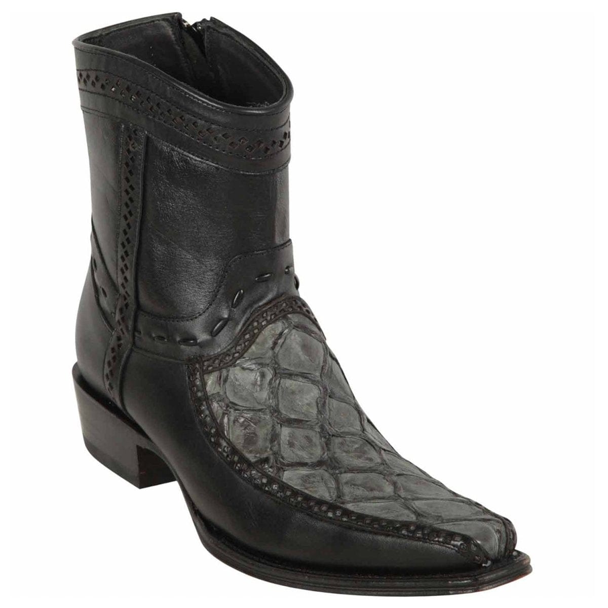 Men's Genuine Piraruccu Skin European Square Toe Short Boots With Zipper Gray/Black Color - Los Altos Boots
