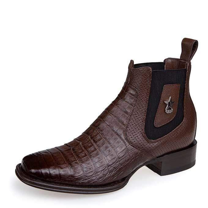 Men's Genuine Caiman Belly Skin Wide Square Toe Ankle Boots Brown Color - Los Altos Boots - Side View