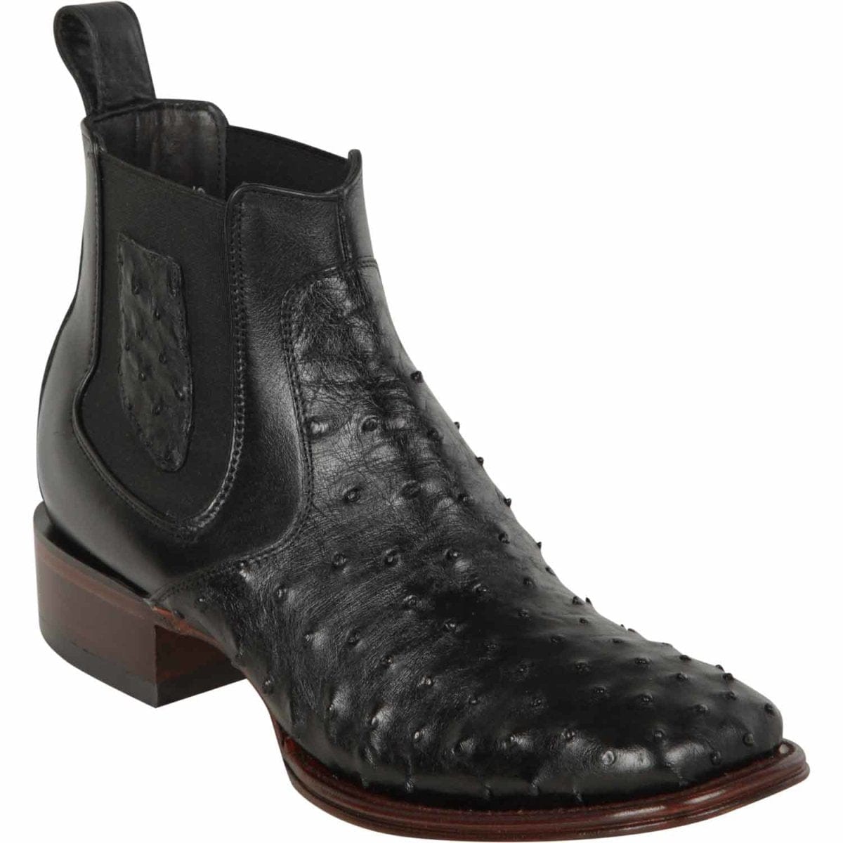 Western Genuine Ostrich Skin Wide Square Toe Ankle Boots Black Color - Los ALtos Boots - Side View