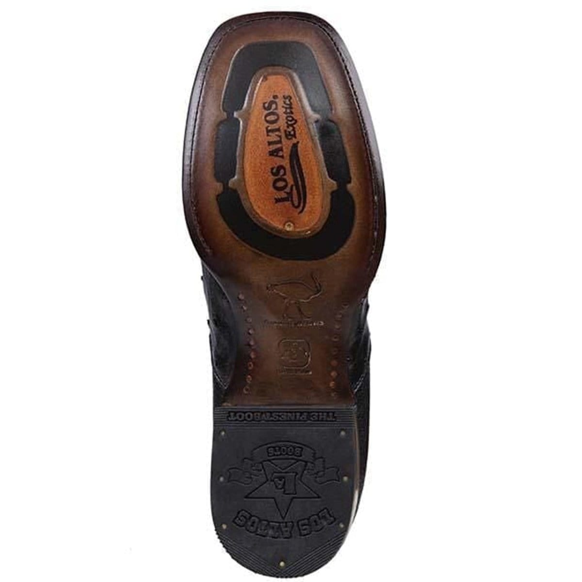 Western Genuine Ostrich Skin Wide Square Toe Ankle Boots Black Color - Los ALtos Boots - Sole View