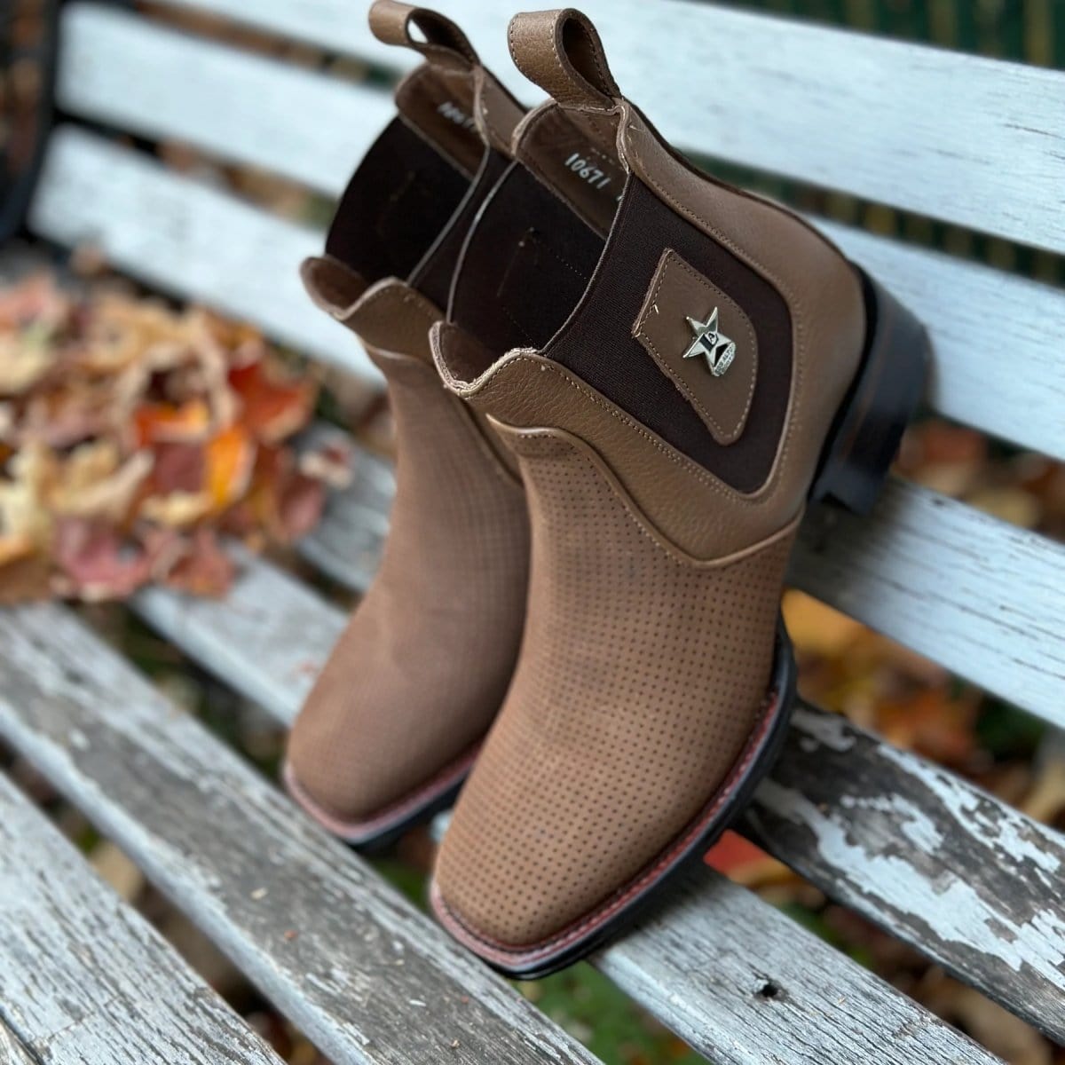 Western GFenuine Perforated Nobuck Leather Wide Square Toe Ankle Boots Taupe Color - Los Altos Boots - Pair View
