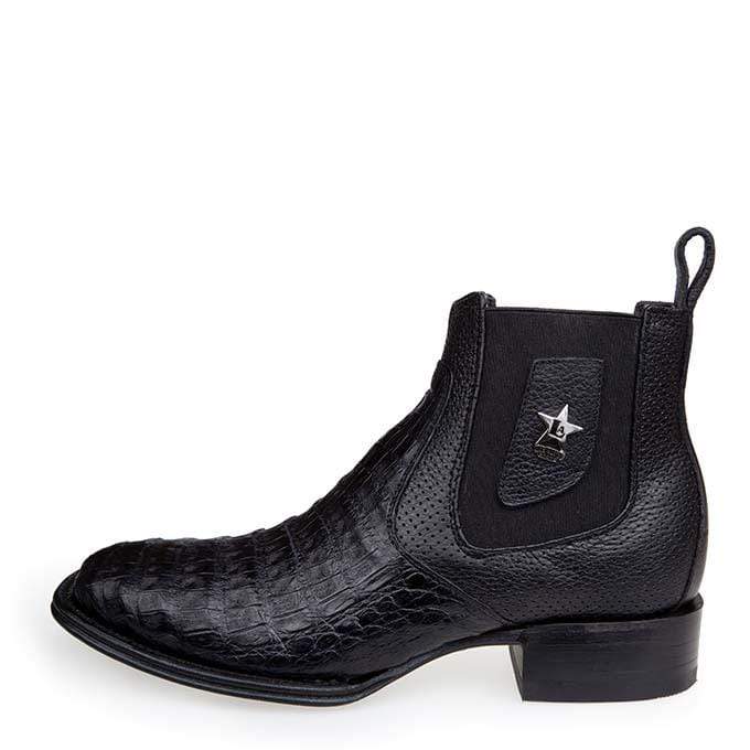 Men's Genuine Caiman Belly Skin Wide Square Toe Ankle Boots Black Color - Los Altos Boots - Lateral View