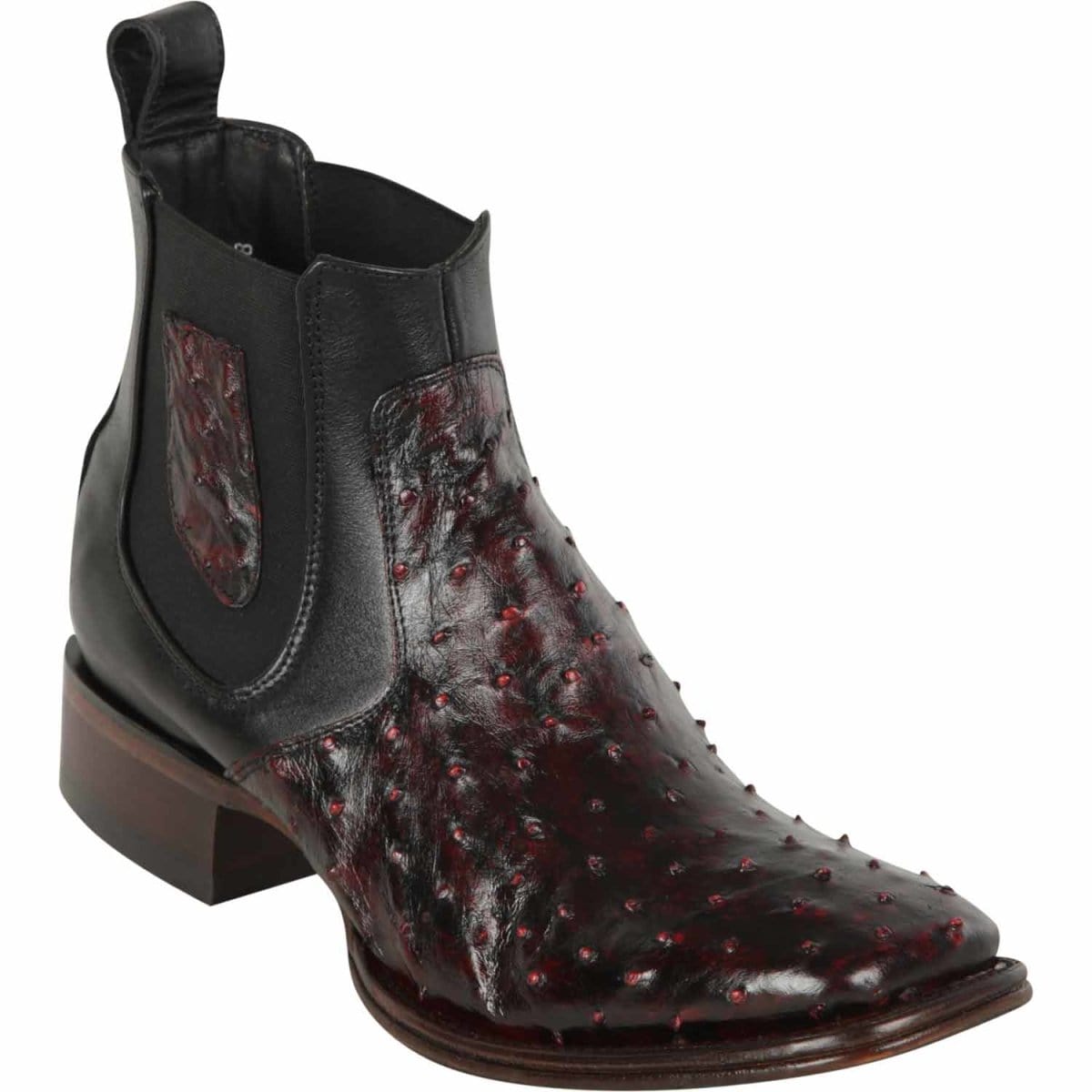Western Genuine Ostrich Skin Wide Square Toe Ankle Boots Black Cherry Color - Los ALtos Boots - Side View