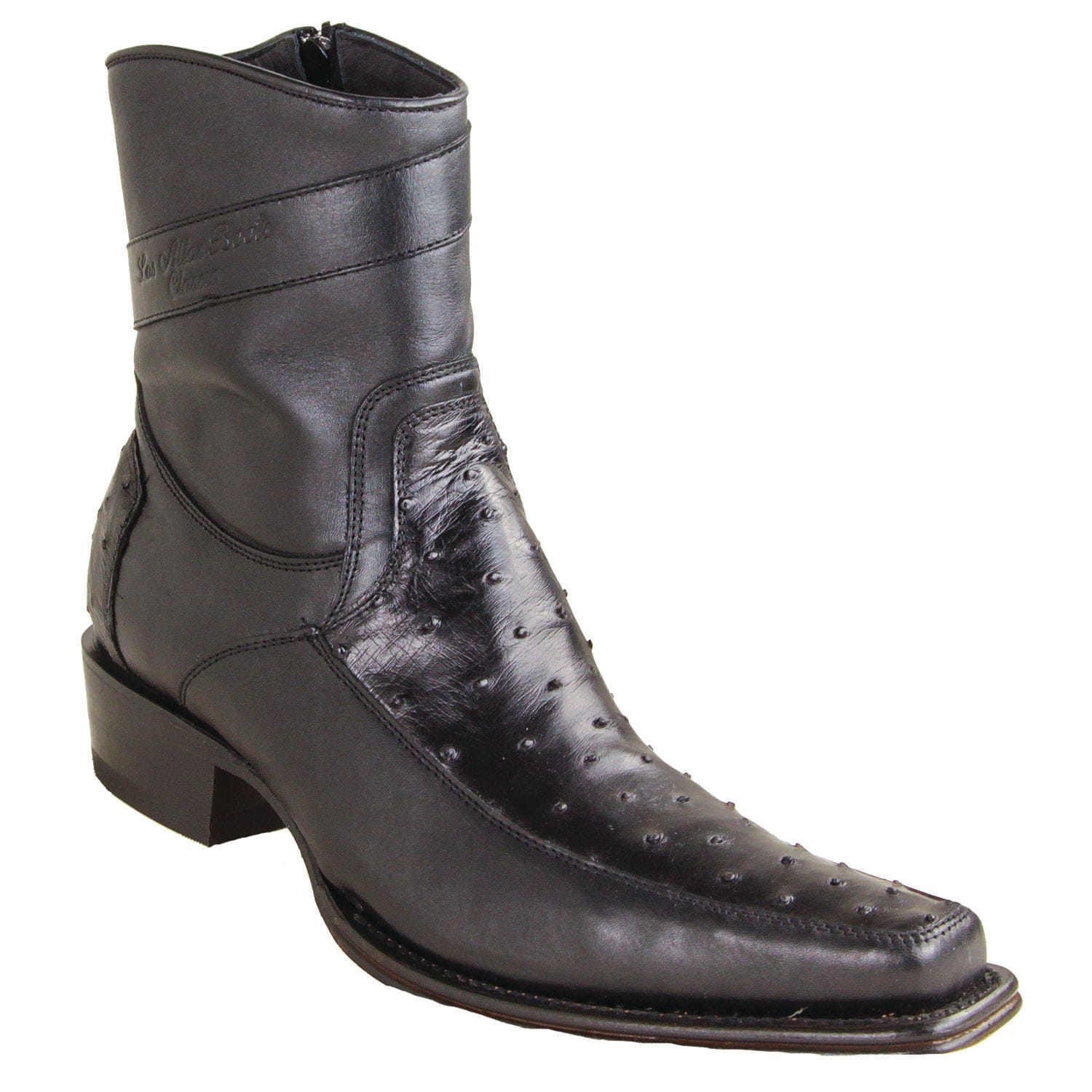 Los Altos Boots Boots Men's Genuine Ostrich Skin and Leather European Square Toe Short Boots With Zipper Black Color - Los Altos Boots