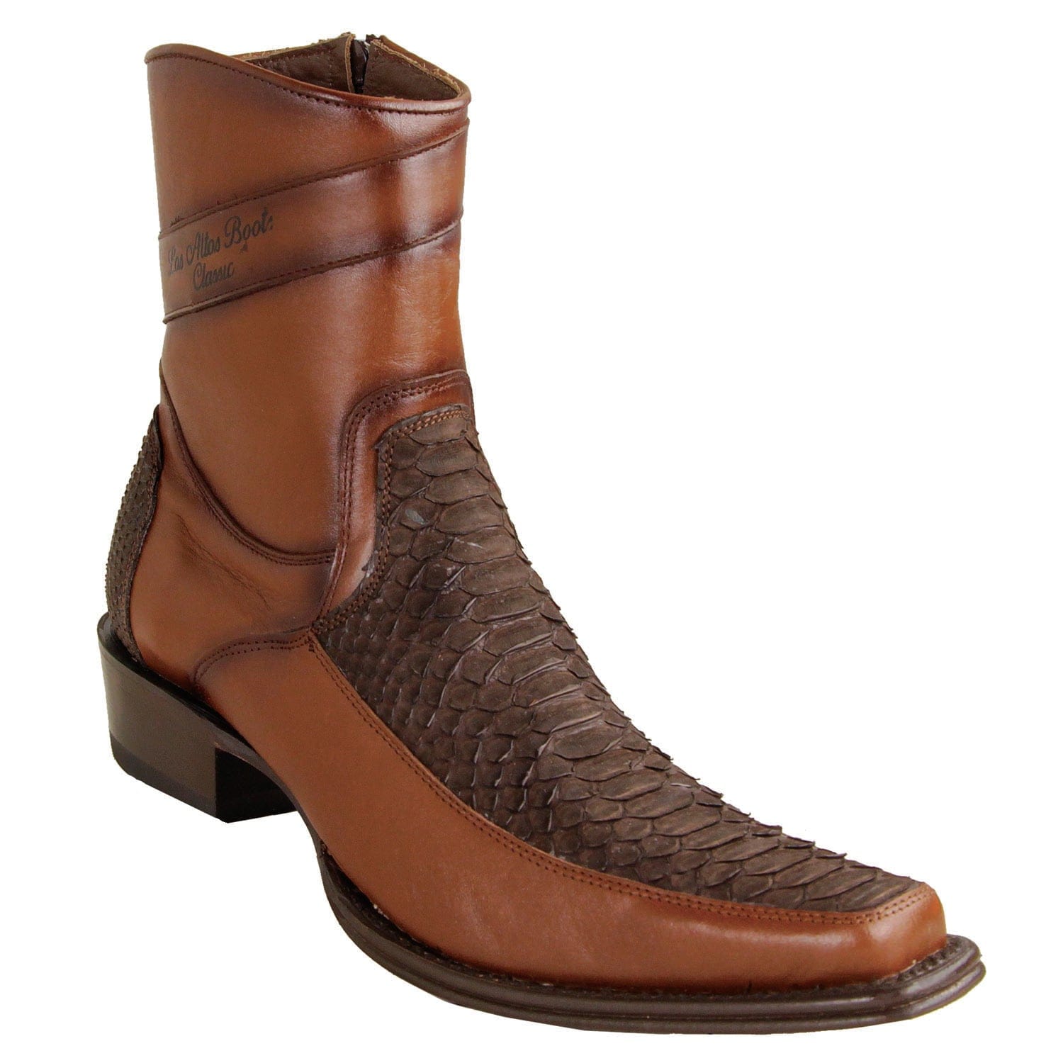 Los Altos Boots Boots Men's Genuine Python Skin and Leather European Square Toe Short Boots With Zipper Nobuck Brown Color - Los Altos Boots