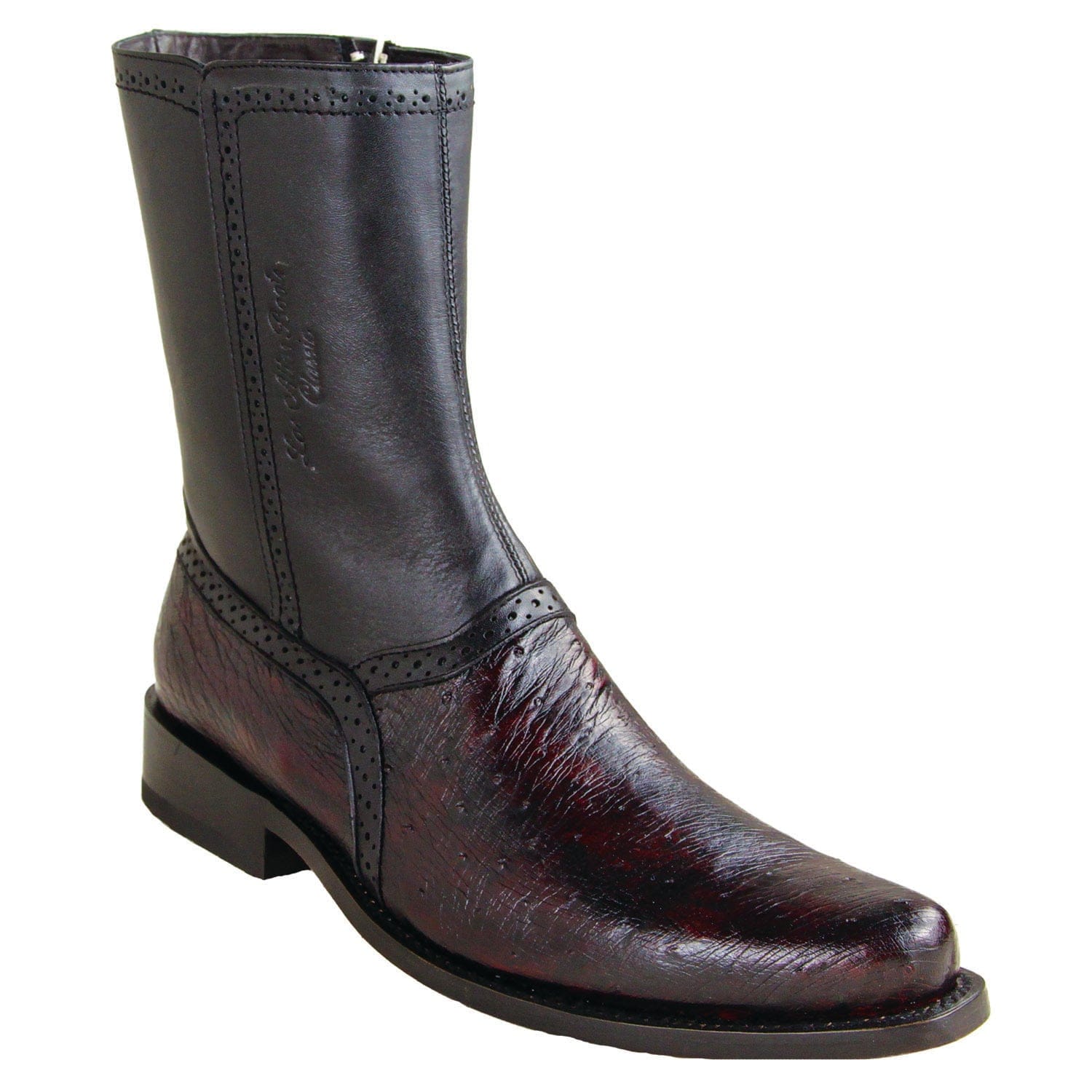Los Altos Boots Boots Men's Genuine Smooth Ostrich Skin Round Toe Short Boots With Zipper Black Cherry Color - Los Altos Boots