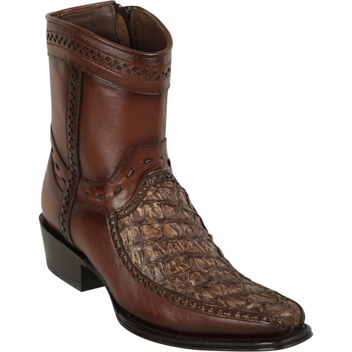 Men's Genuine Piraruccu Skin European Square Toe Short Boots With Zipper Rustic Brown Color - Los Altos Boots
