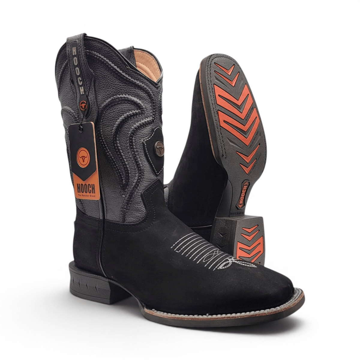 Mens Square Toe Boot Black Nobuck Leather - Rubber Sole Western Boot - Hooch Boots