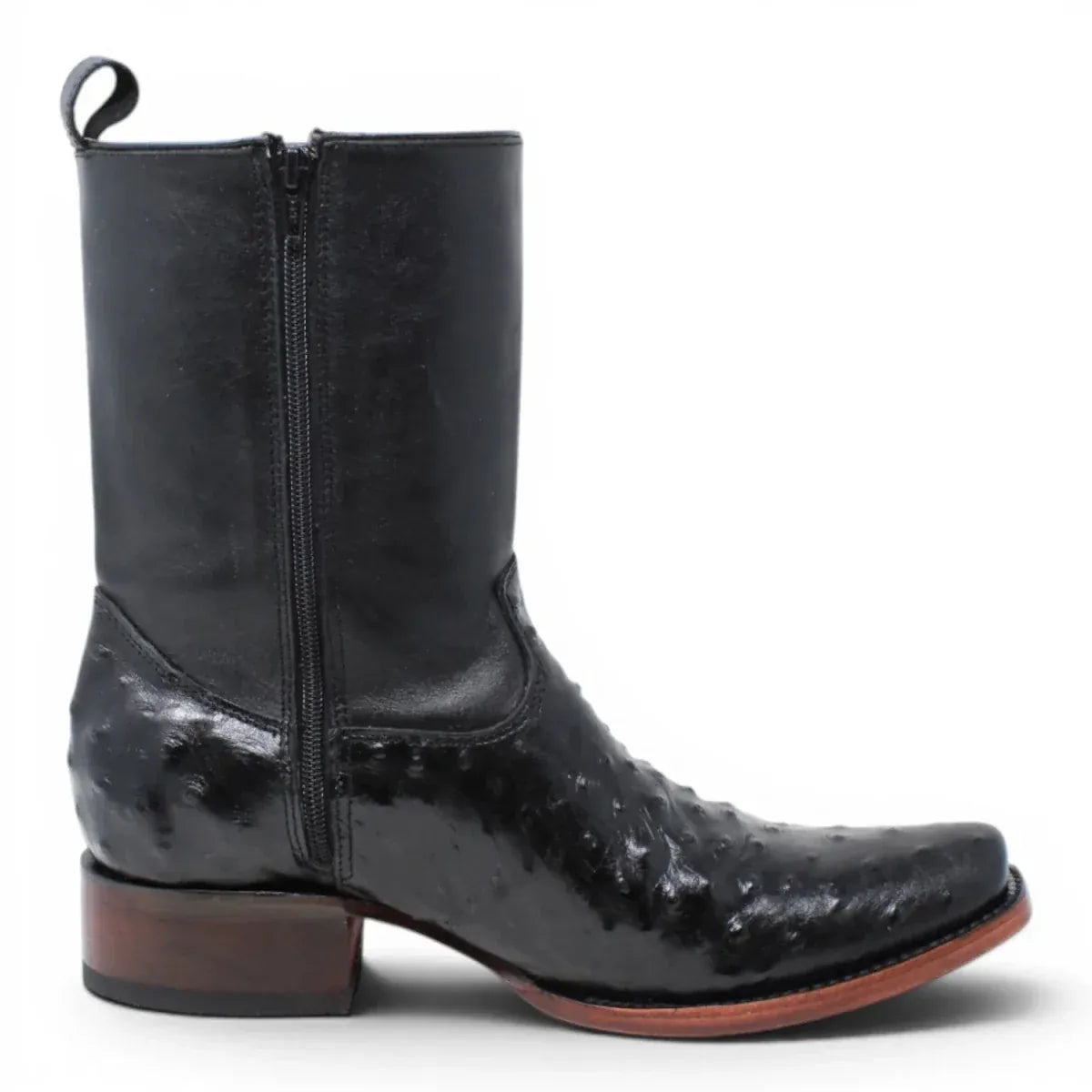 Quincy Men's Ostrich Print Dubai Square Toe Short Boot with Zipper - Black - Right Side View