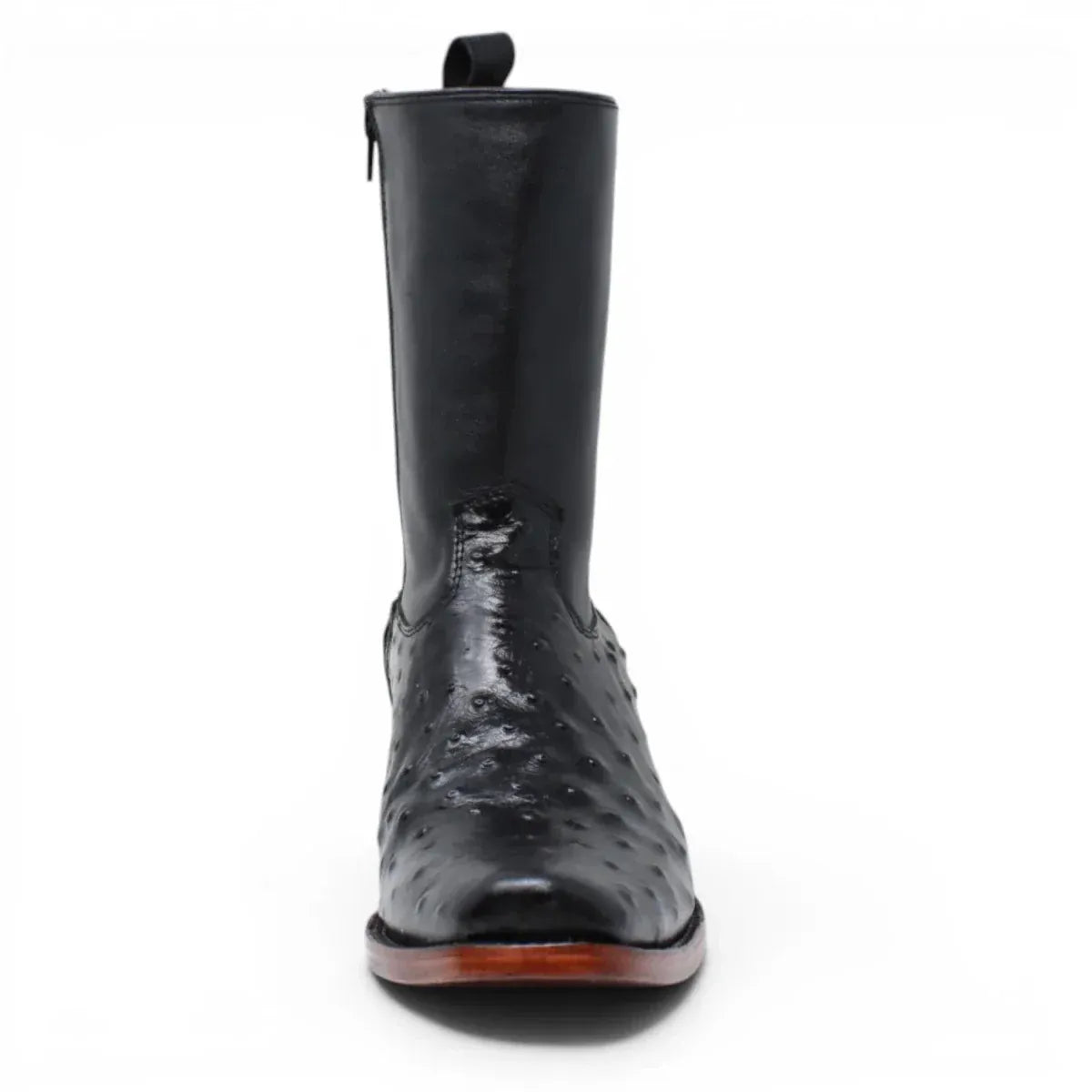Quincy Men's Ostrich Print Dubai Square Toe Short Boot with Zipper - Black - Front View