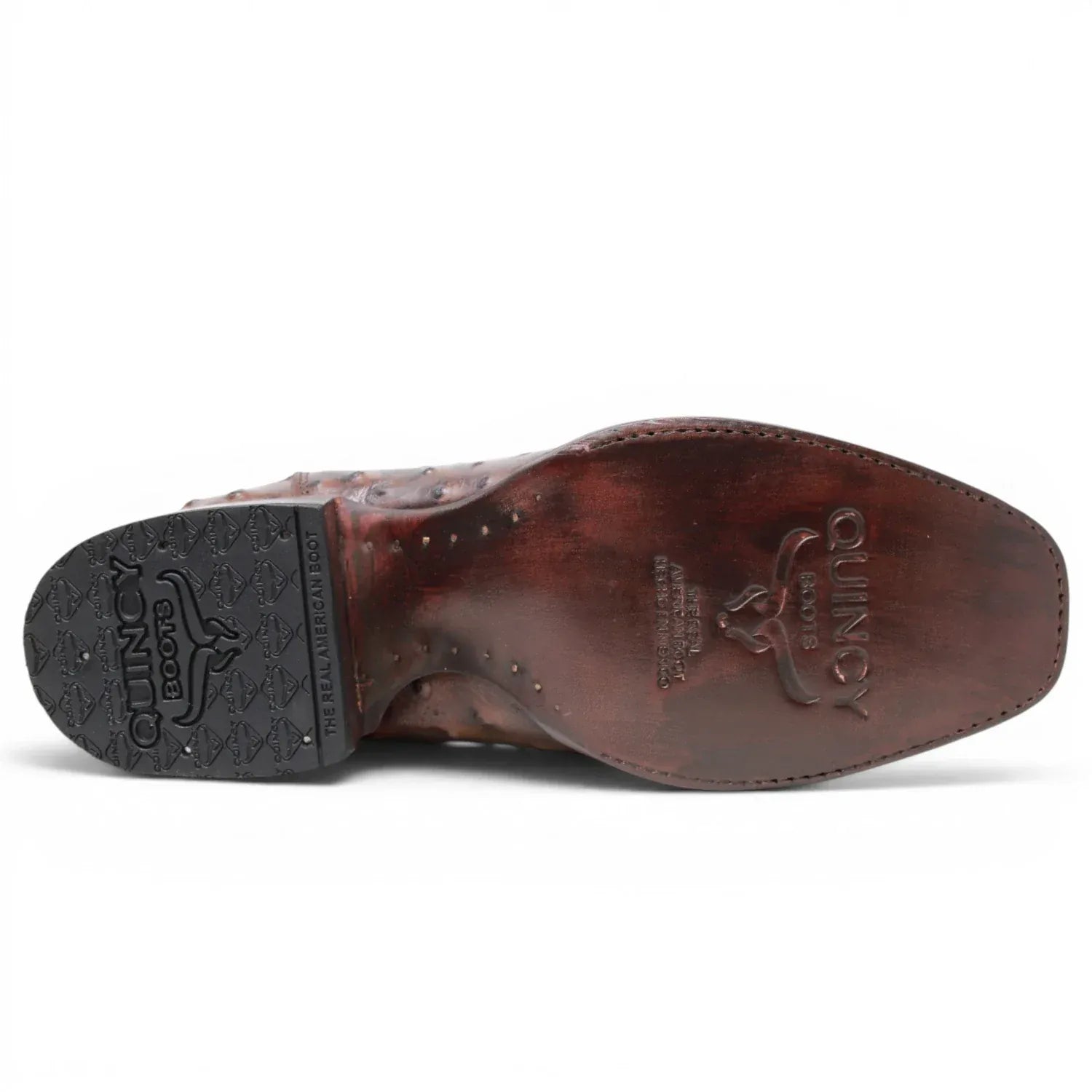 Quincy Men's Ostrich Print Dubai Square Toe Short Boot with Zipper - Brown - Sole View
