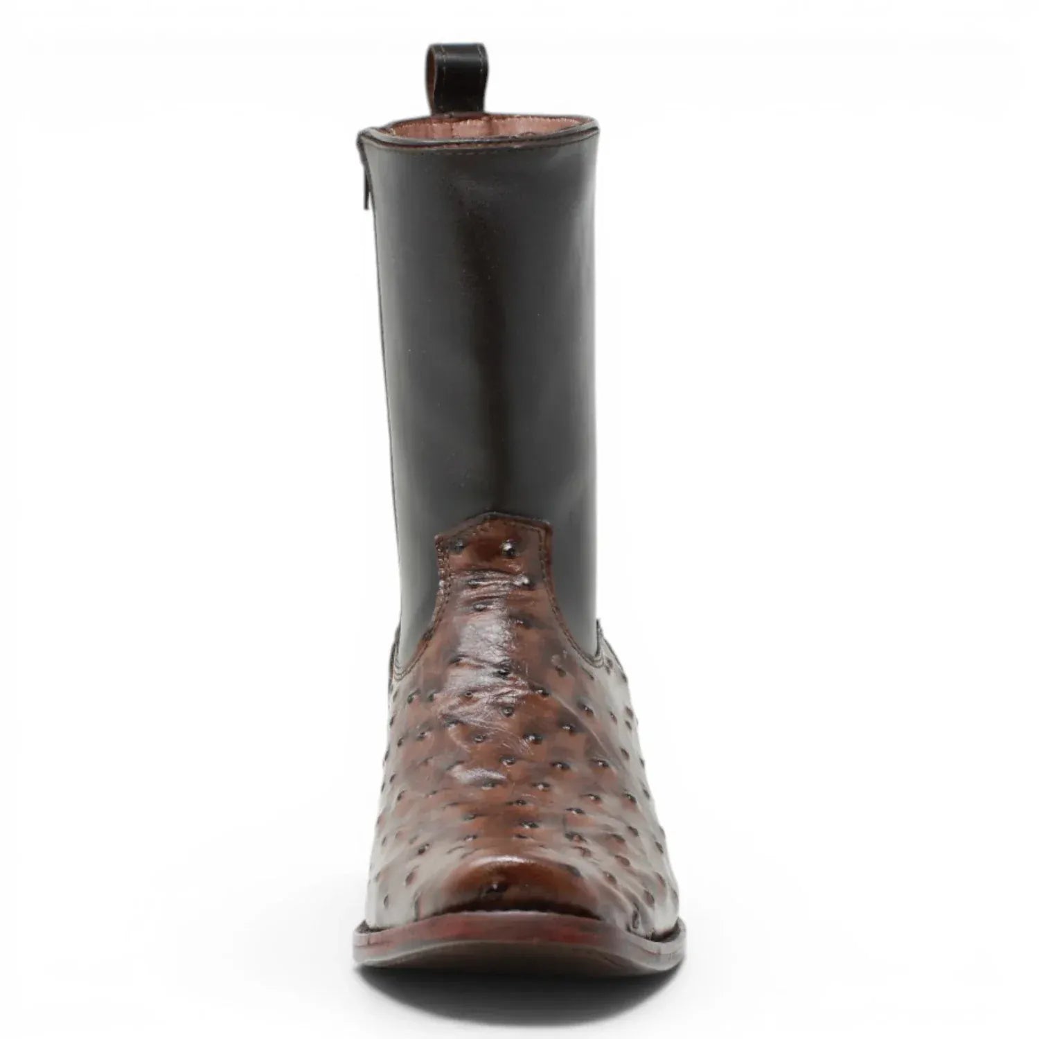 Quincy Men's Ostrich Print Dubai Square Toe Short Boot with Zipper - Brown - Front View