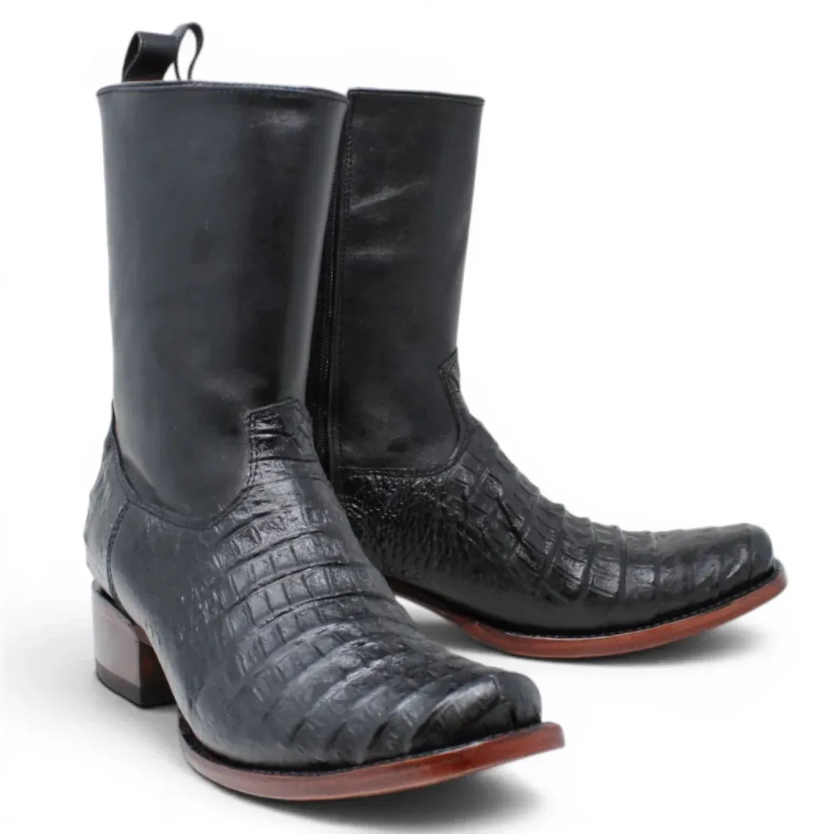 Quincy Men´s Caiman Belly Print Square Toe Dubai Short Boots with Zipper - Black - Pair Side View