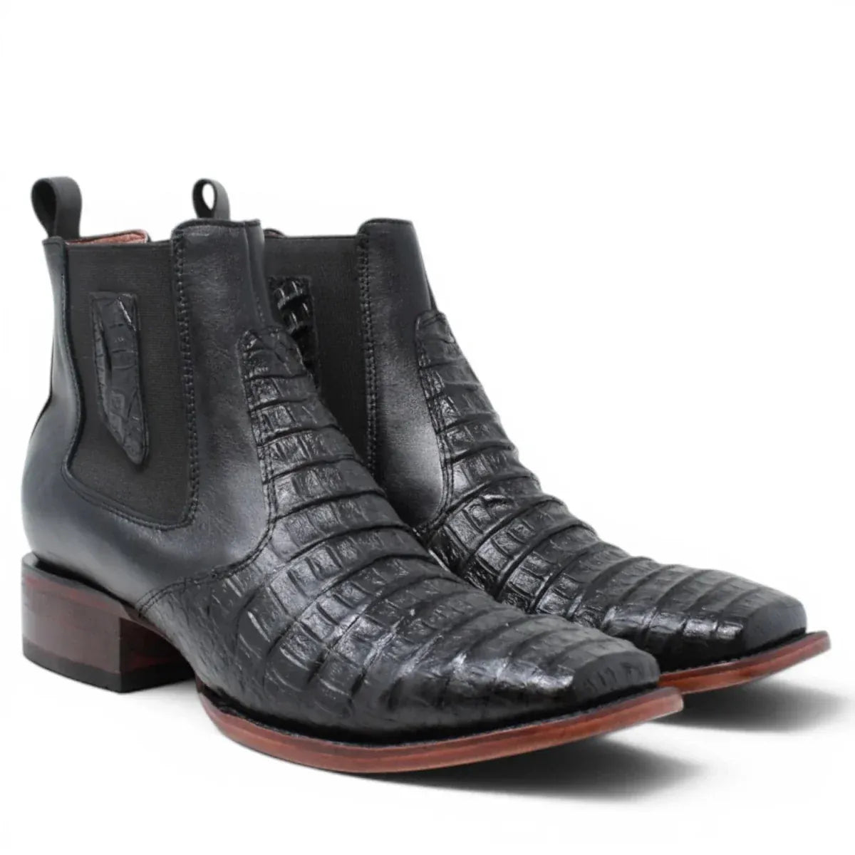 Quincy Men´s Caiman Hornback Print Square Toe Ankle Boots - Black - Pair Side View