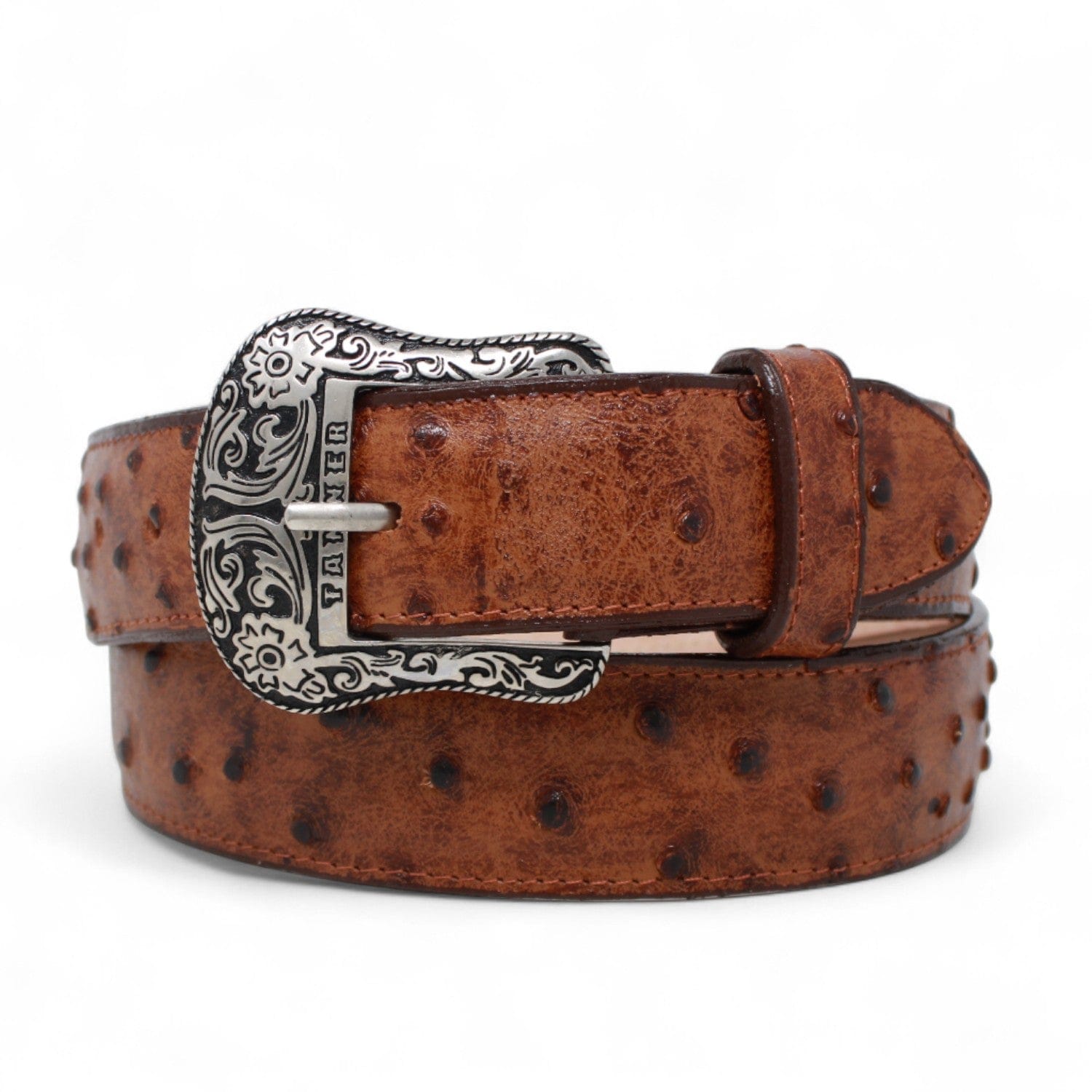 Tanner Mark Boots Belts Cinturón de Piel Genuina con Estampado de Avestruz y Hebilla Metálica Texas Cognac