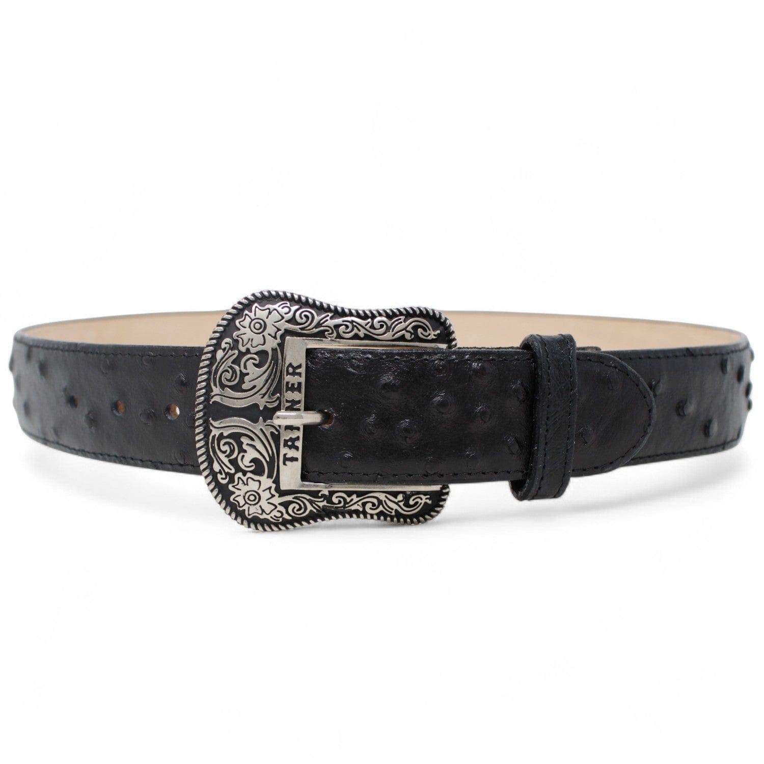 Tanner Mark Boots Belts Cinturón de Piel Genuina con Estampado de Avestruz y Hebilla Metálica Texas Negro