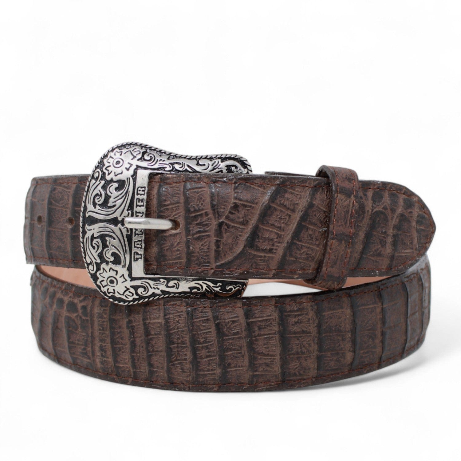 Tanner Mark Boots Belts Cinturon de Piel Genuina con Estampado de Caiman Panza Hebilla Metálica Texas Cafe