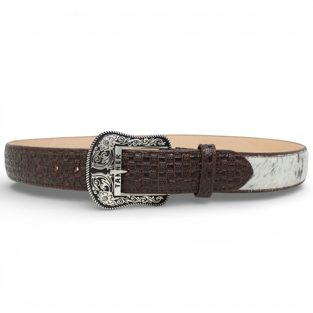 Tanner Mark Boots Belts Genuine Cowhide Leather with Hair Texas Metal Buckle Belt Brown Color - Tanner Mark Boots