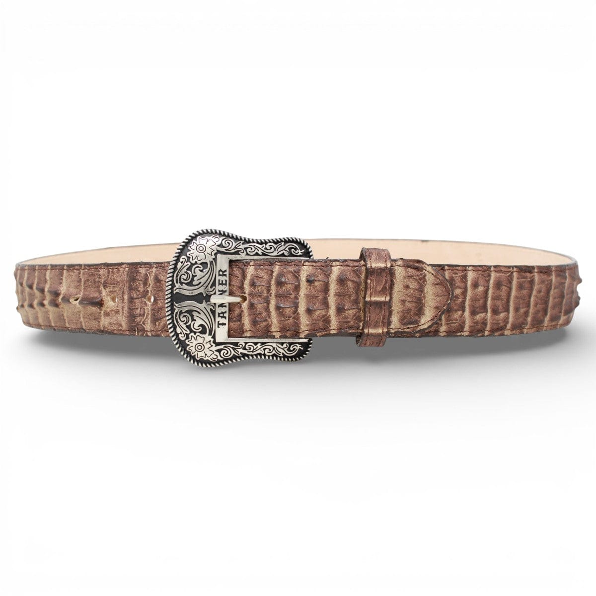 Tanner Mark Boots Belts Genuine Leather Caiman Belly Print Texas Metal Buckle Belt Brown Color - Tanner Mark Boots