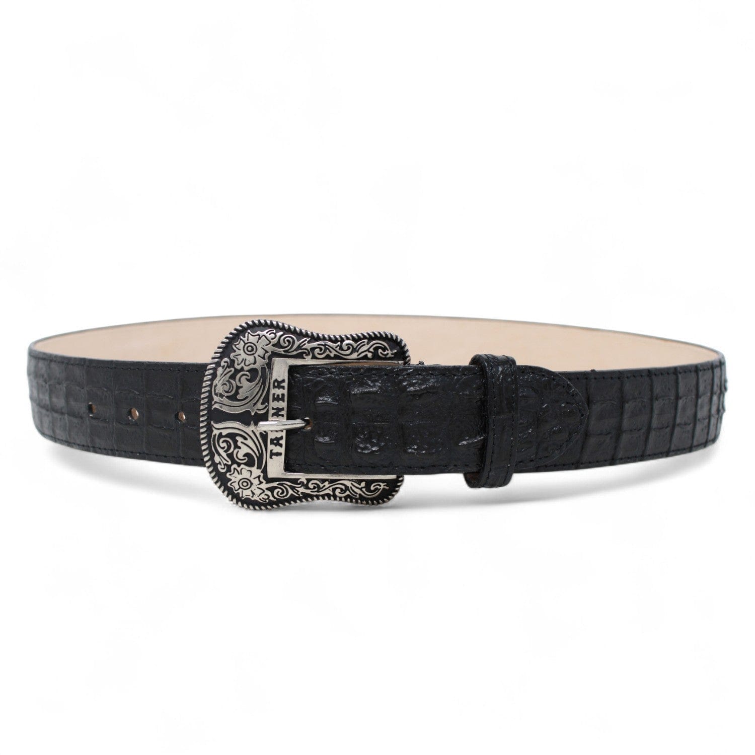 Tanner Mark Boots Belts Genuine Leather Caiman Hornback Print Texas Metal Buckle Belt Black Color - Tanner Mark Boots