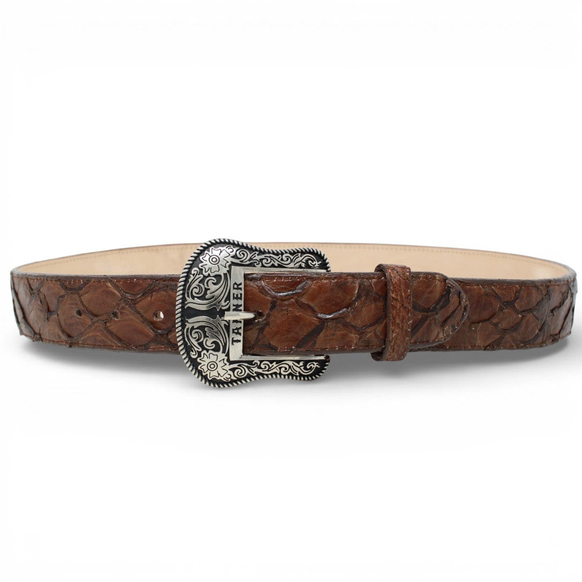 Tanner Mark Boots Belts Genuine Pirarucu Skin Texas Metal Buckle Belt Brown Color - Tanner Mark Boots