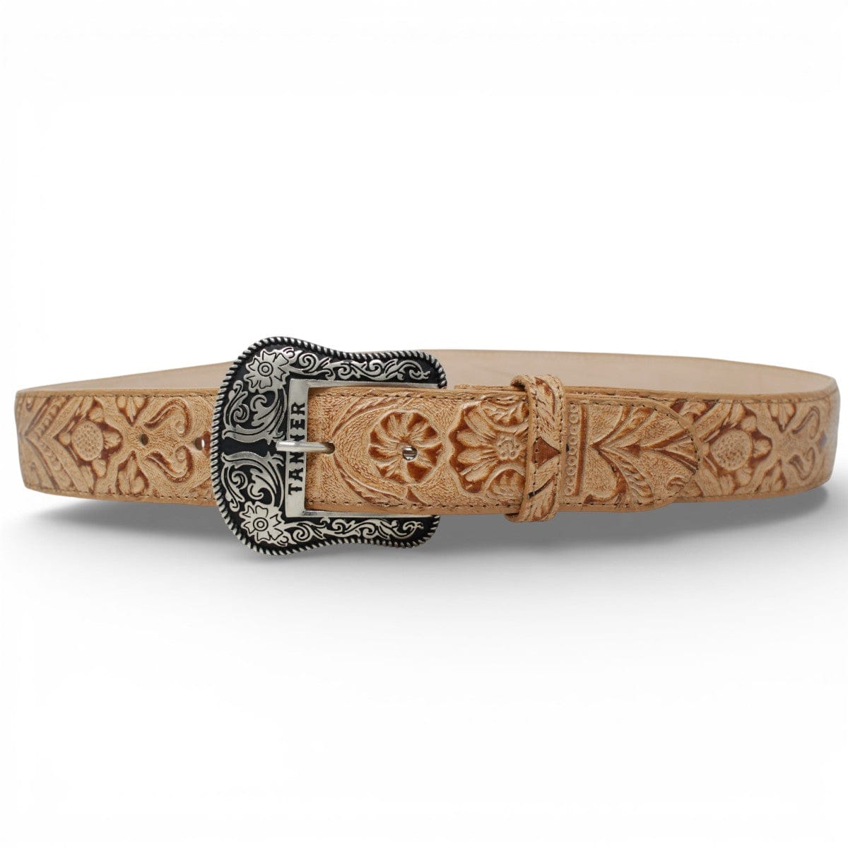 Tanner Mark Boots Belts Genuine Tooled Leather Texas Metal Buckle Belt Cognac Color - Tanner Mark Boots