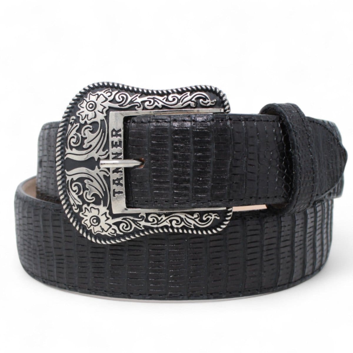 Tanner Mark Boots Belts Teju Lizard Print Texas Metal Buckle Belt Black Color - Tanner Mark Boots