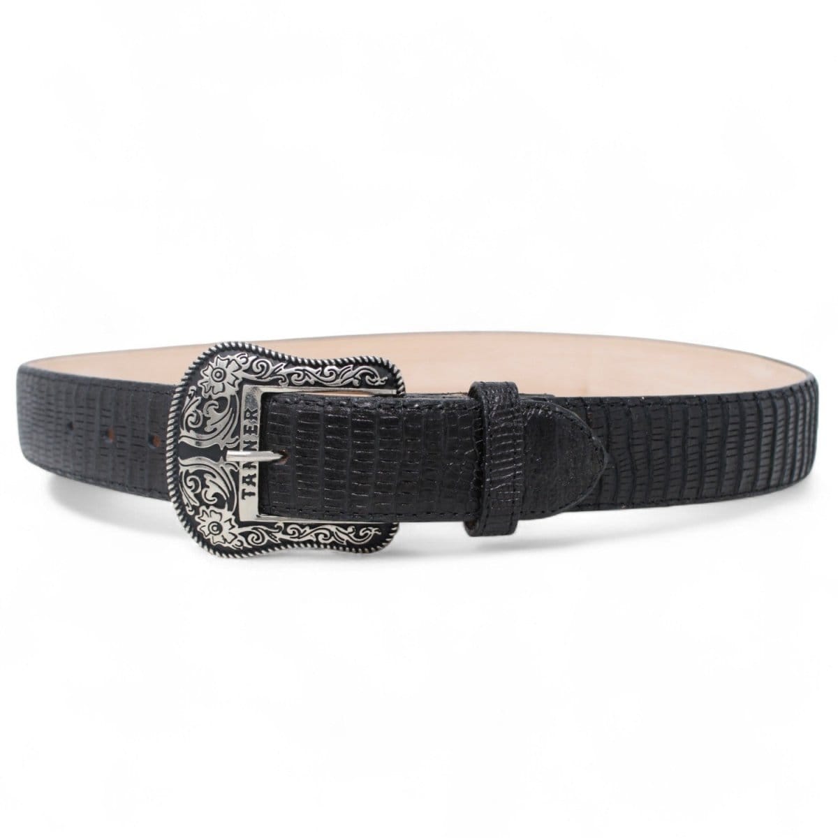 Tanner Mark Boots Belts Teju Lizard Print Texas Metal Buckle Belt Black Color - Tanner Mark Boots
