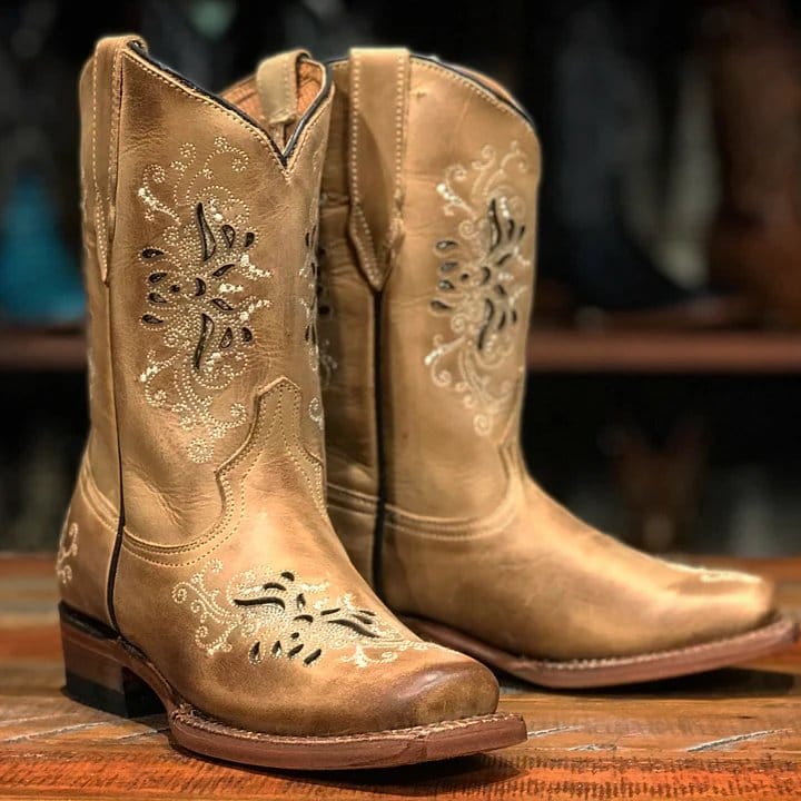 Tanner Mark Boots Boots Girl's Mesquite Genuine Leather Square Toe Boots in Burnished Sand - Tanner Mark Boots