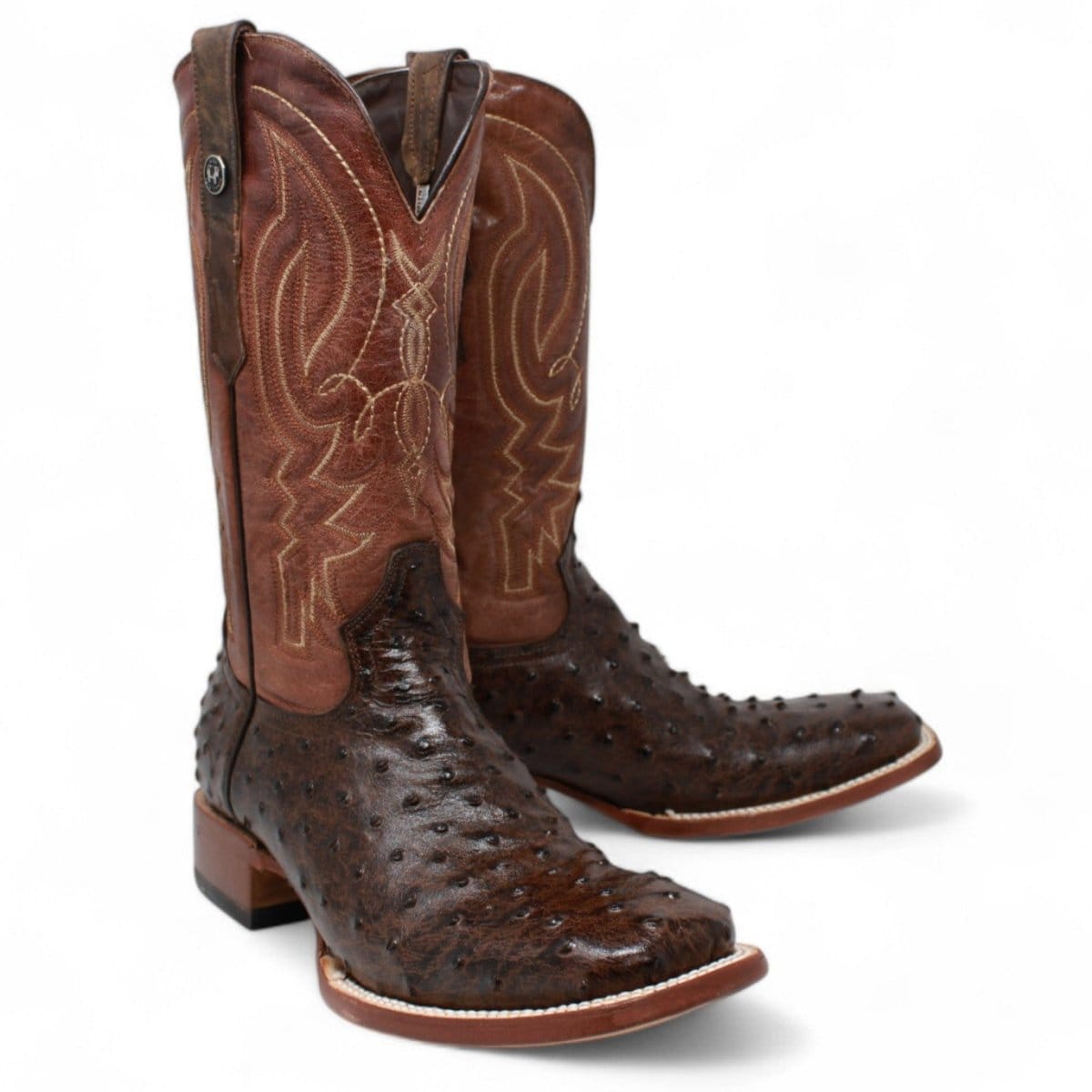 Tanner Mark Boots Boots Men's Big Cabin Ostrich Print Wide Square Toe Boots in Chocolate - Tanner Mark Boots