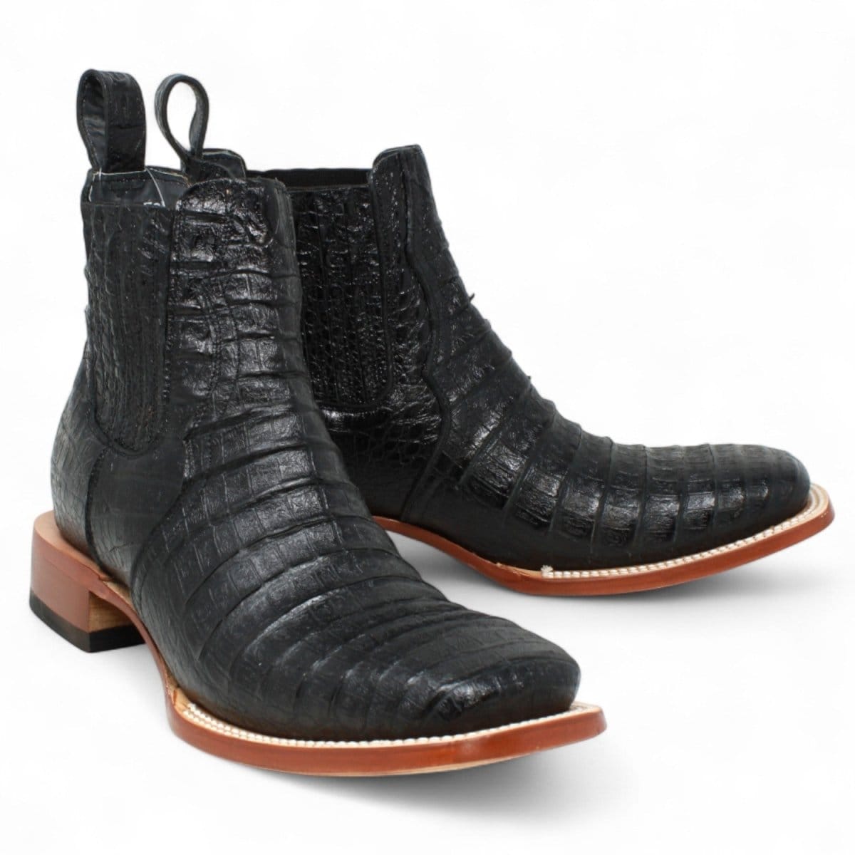 Tanner Mark Boots Boots Men's Caiman Belly Print Square Toe Ankle Boots in Black - Tanner Mark Boots