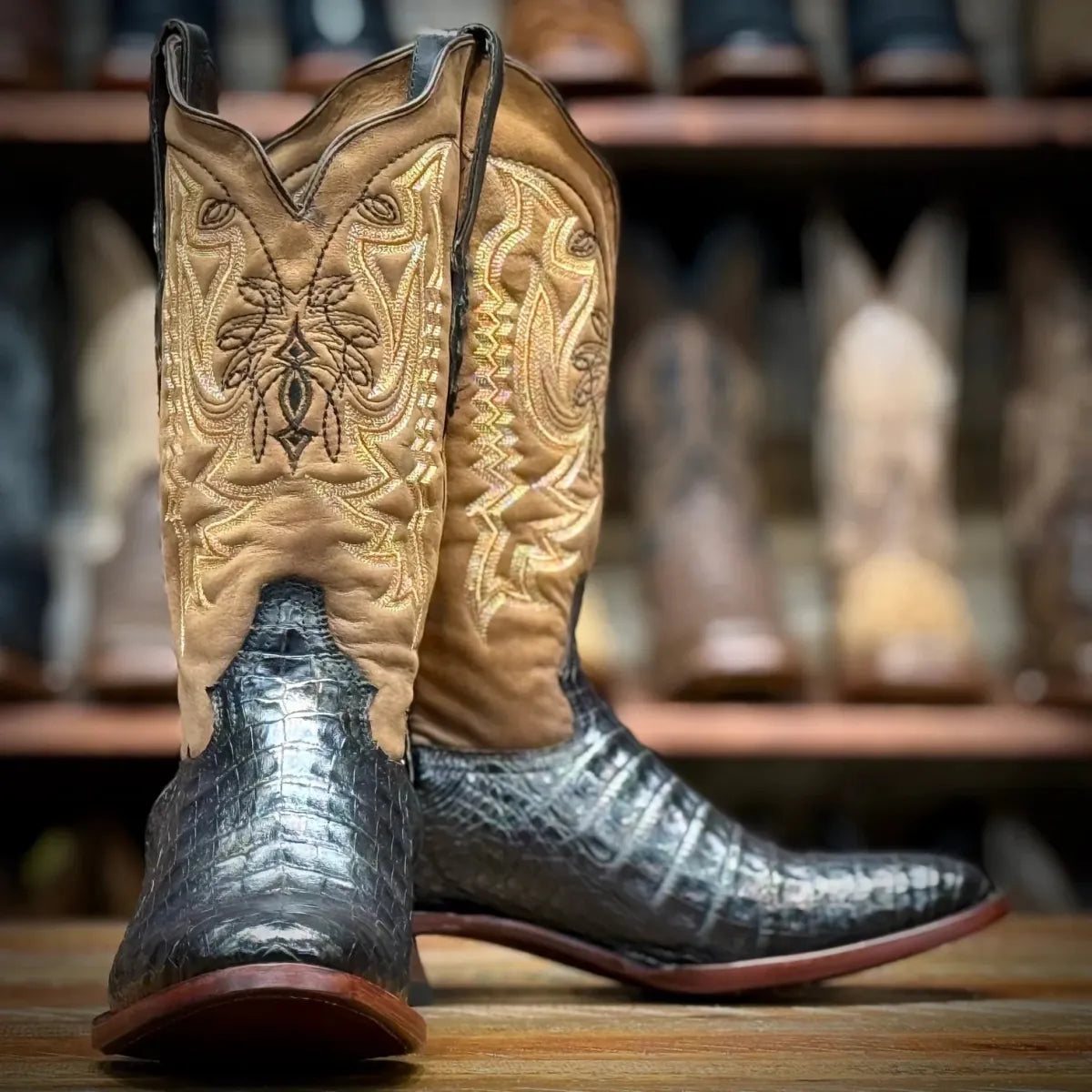 Tanner Mark Boots Boots Men's Genuine Caiman Belly Round Toe Boots in Classic Black - Tanner Mark Boots