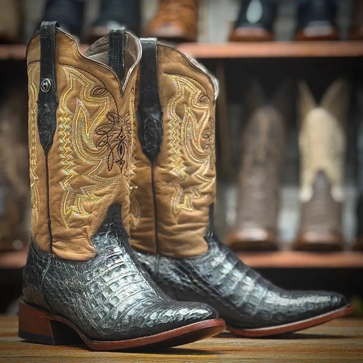Tanner Mark Boots Boots Men's Genuine Caiman Belly Round Toe Boots in Classic Black - Tanner Mark Boots