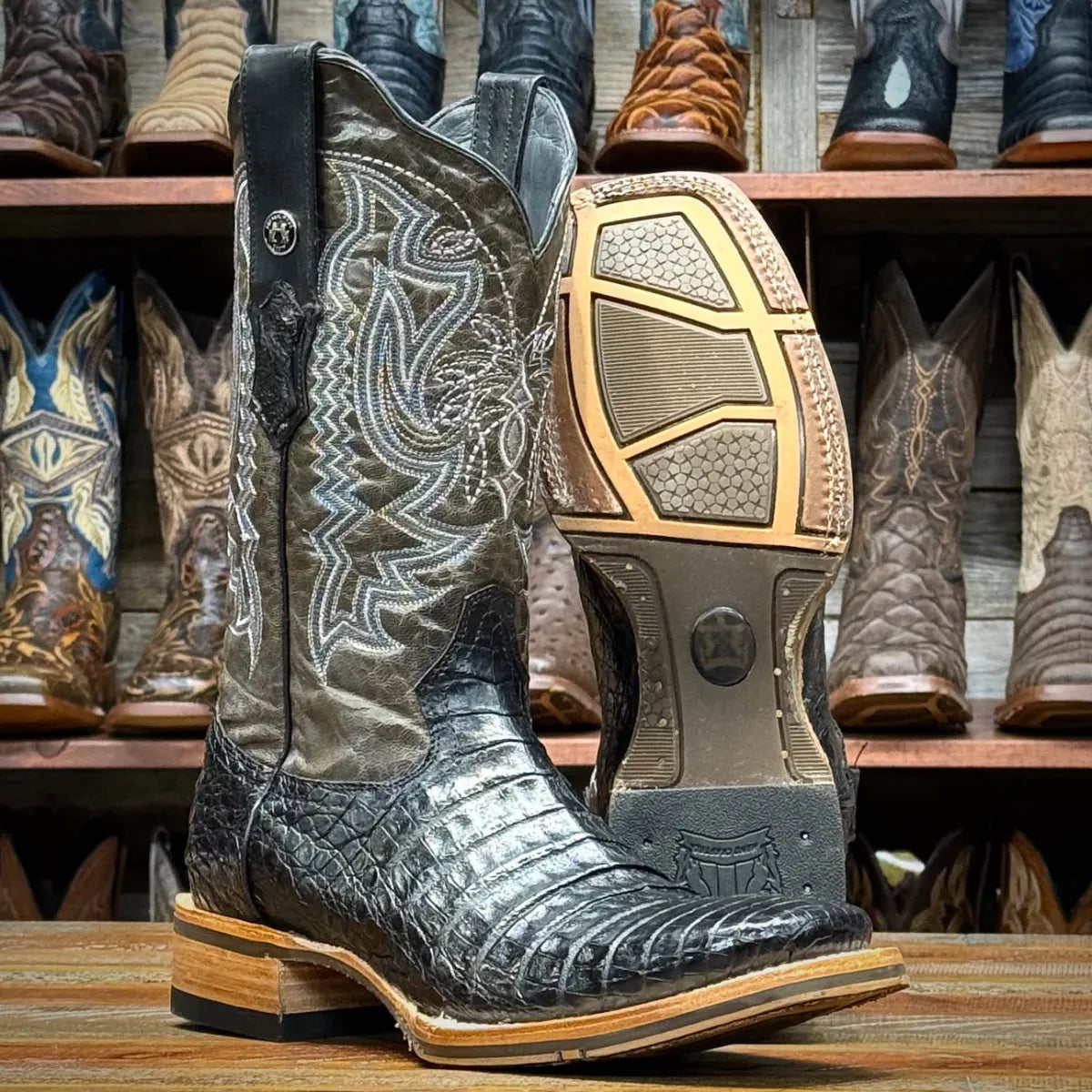 Tanner Mark Boots Boots Men's Genuine Caiman Belly Square Toe Boots in Black - Tanner Mark Boots