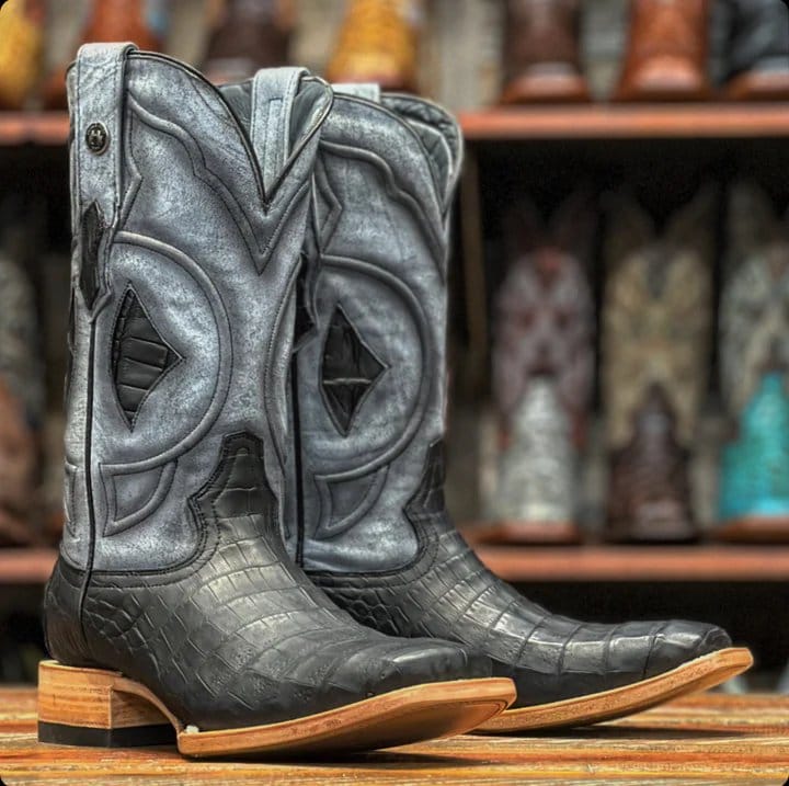 Tanner Mark Boots Boots Men's Genuine Caiman Belly Square Toe Boots in Savage Black - Tanner Mark Boots