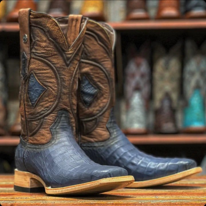 Tanner Mark Boots Boots Men's Genuine Caiman Belly Square Toe Boots in Savage Blue - Tanner Mark Boots