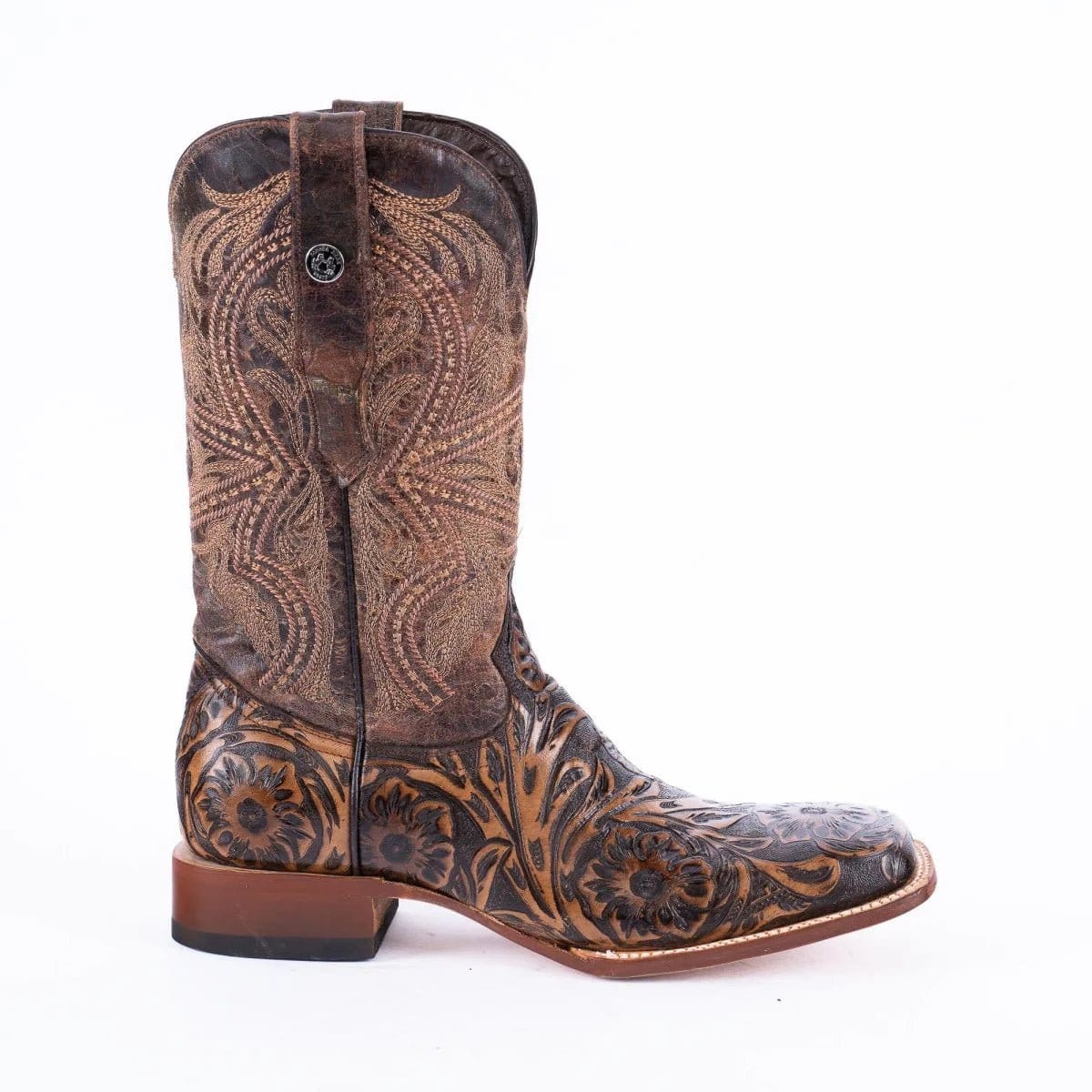Tanner Mark Boots Boots Men's Genuine Hand Tooled Leather Square Toe Boots in Dark Brown - Tanner Mark Boots