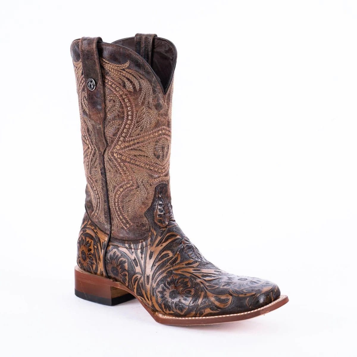 Tanner Mark Boots Boots Men's Genuine Hand Tooled Leather Square Toe Boots in Dark Brown - Tanner Mark Boots
