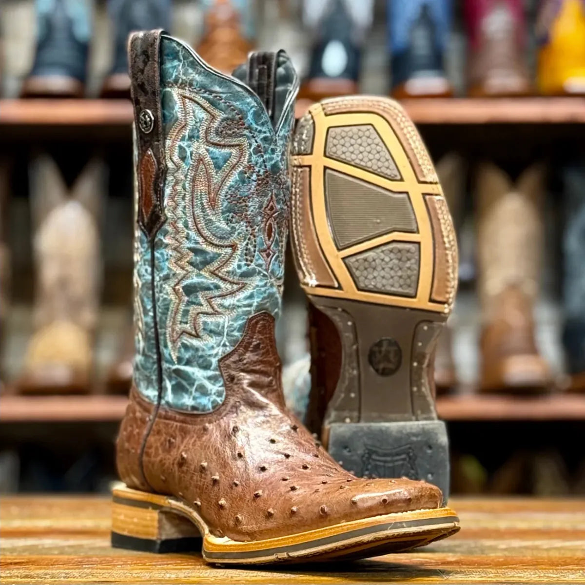 Tanner Mark Boots Boots Men's Genuine Ostrich Wide Square Toe Boots in Tobacco - Tanner Mark Boots