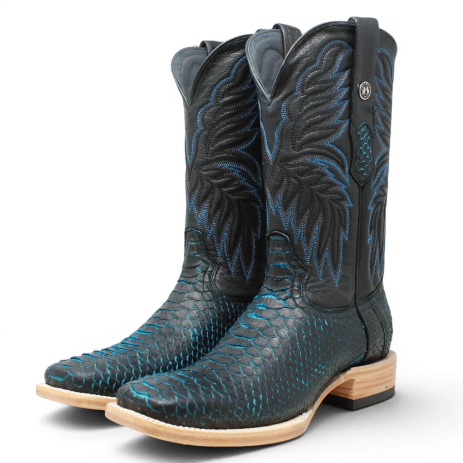 Tanner Mark Boots Boots Men's Genuine Python Square Toe Boots in Blue with Black - Tanner Mark Boots