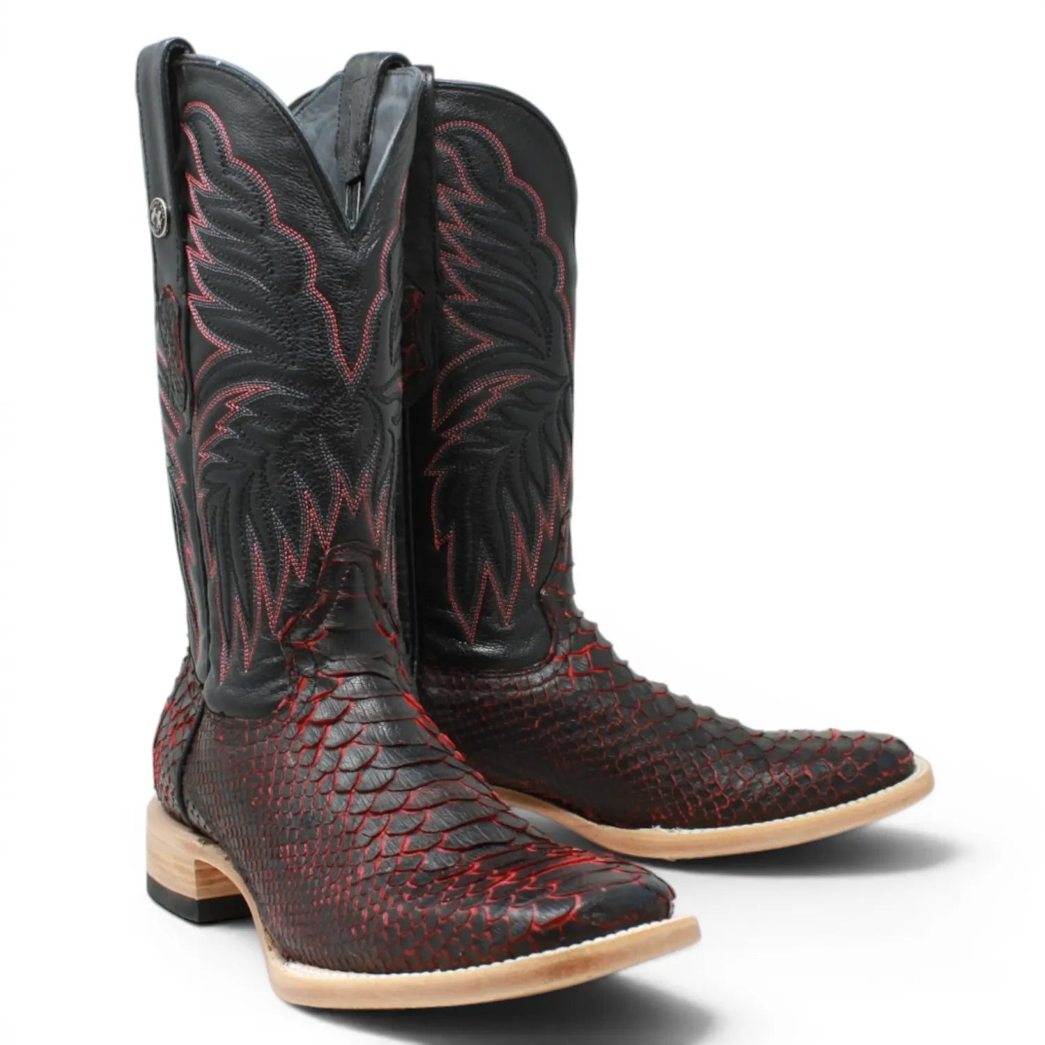 Tanner Mark Boots Boots Men's Genuine Python Square Toe Boots in Red with Black - Tanner Mark Boots
