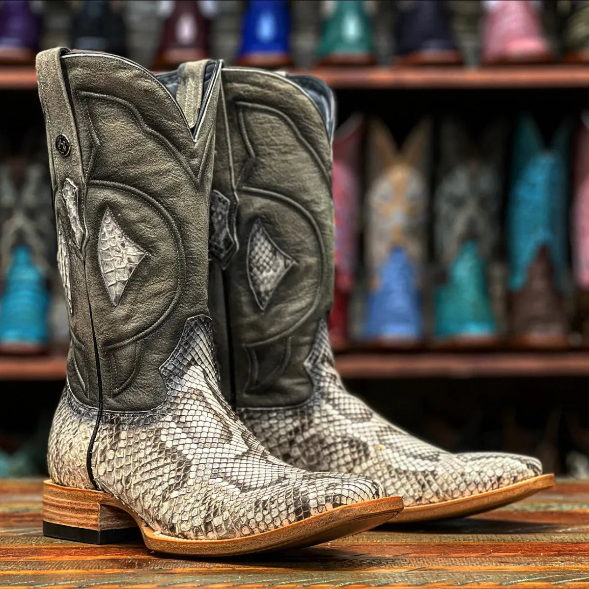 Tanner Mark Boots Boots Men's Genuine Python Wide Square Toe Boots in Natural - Tanner Mark Boots