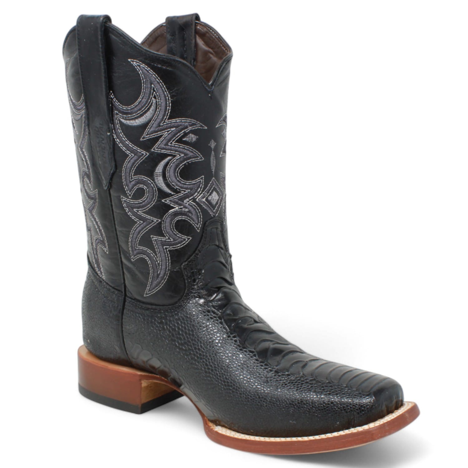Tanner Mark Boots Boots Men's Ostrich Leg Print Square Toe Boots in Black - Rancho Semental
